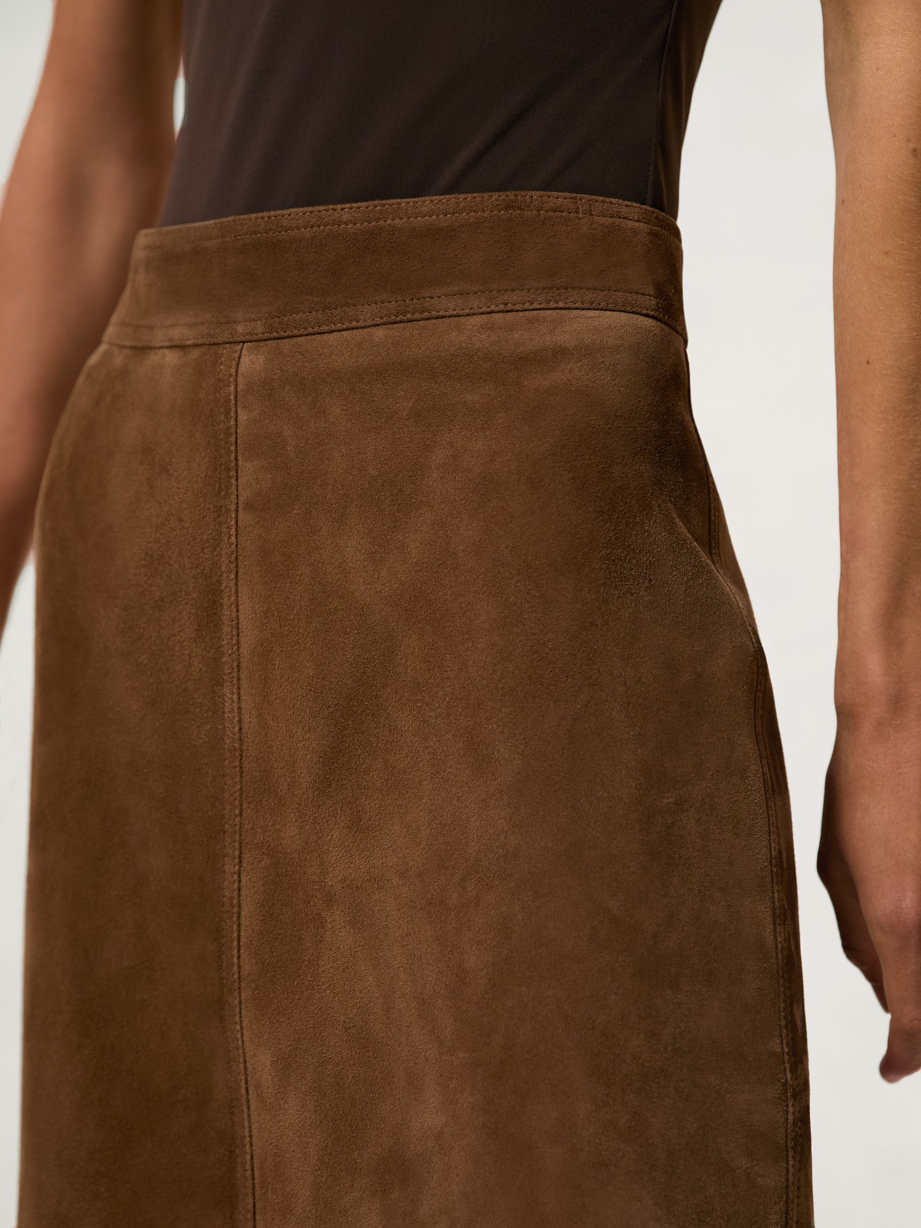 Suede Straight-Fit Midi Skirt in Tan Brown