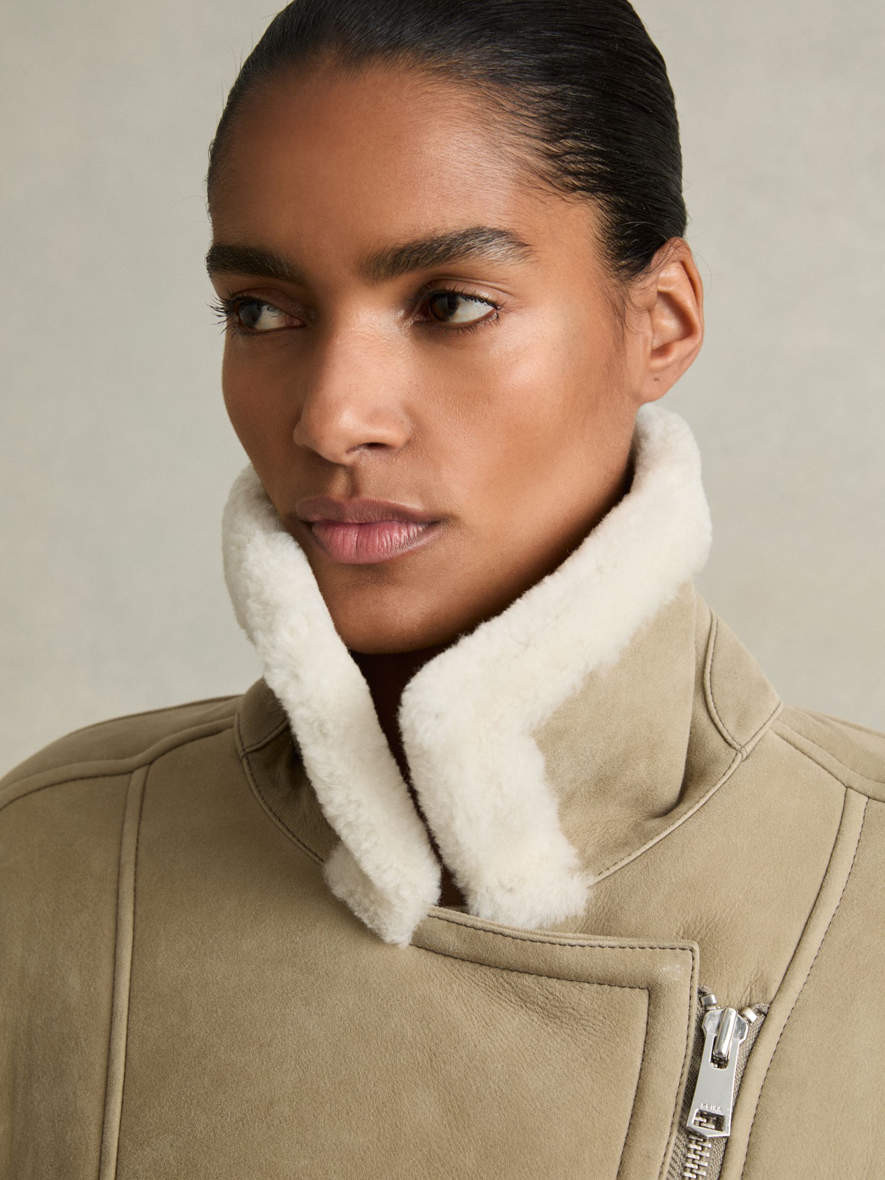 Shearling-Lined Leather Aviator Jacket in Light Green