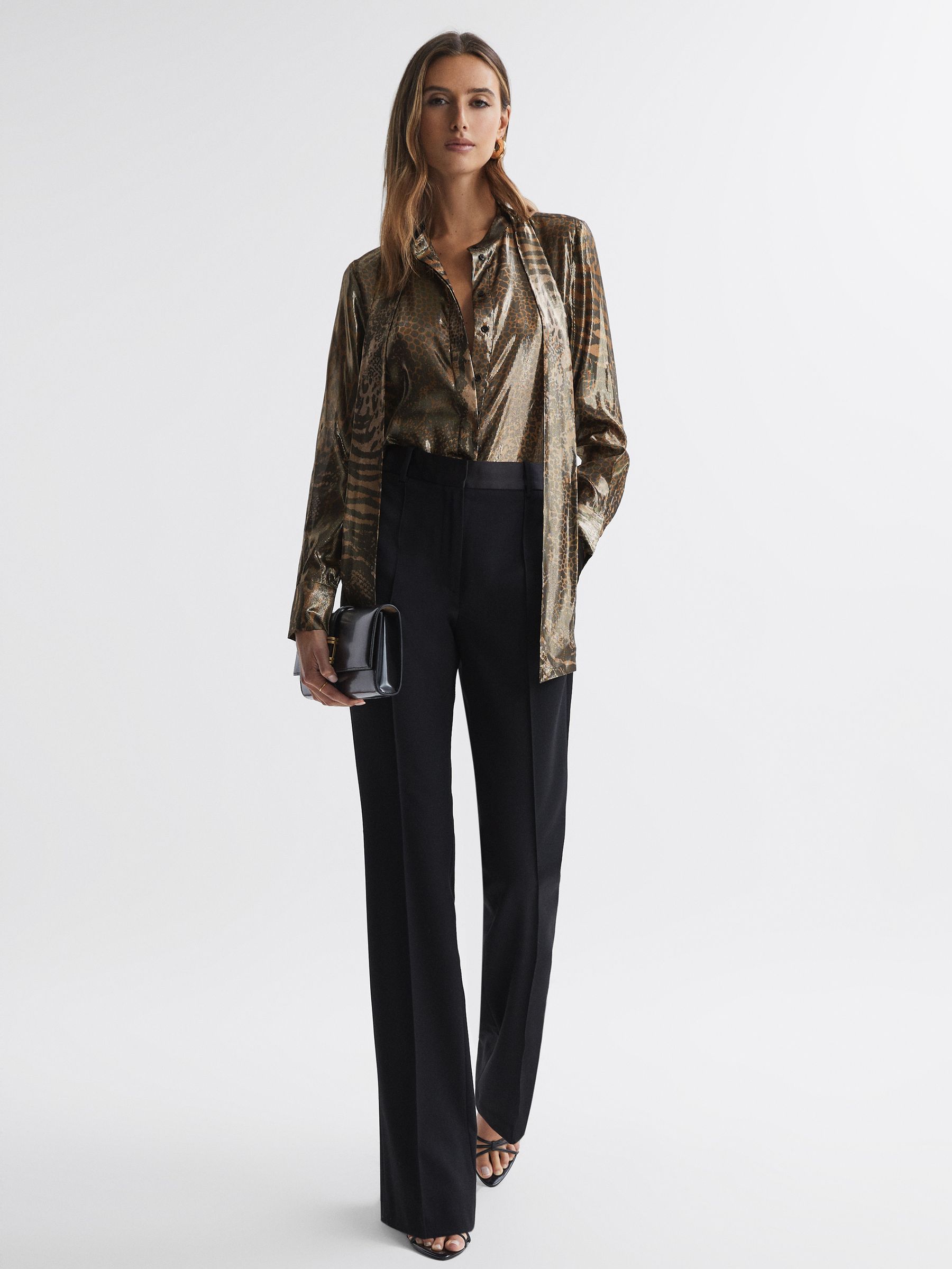 Metallic Animal Print Tie Neck Blouse in Gold