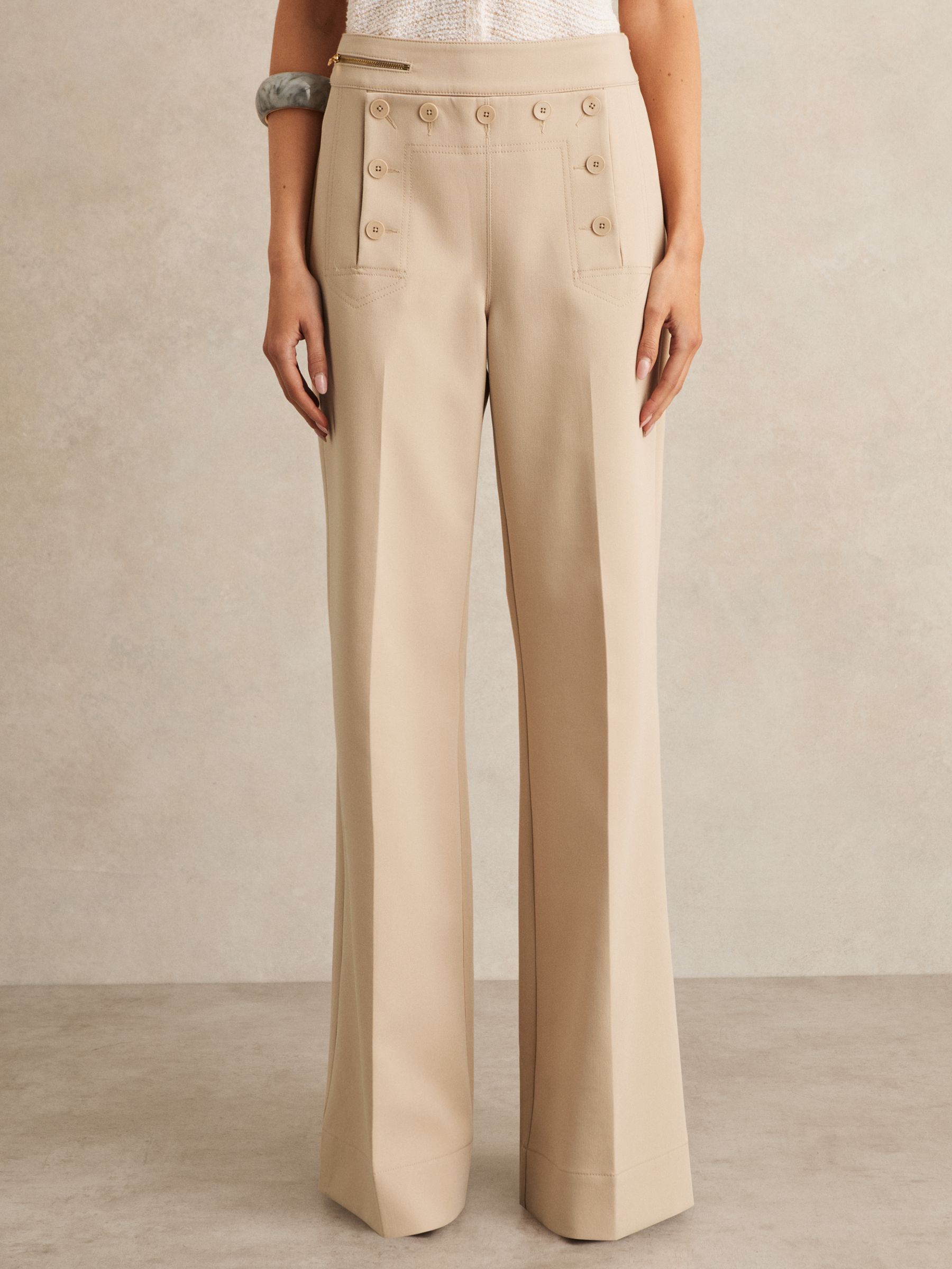 Button-Detail Wide-Leg Trousers in Neutral