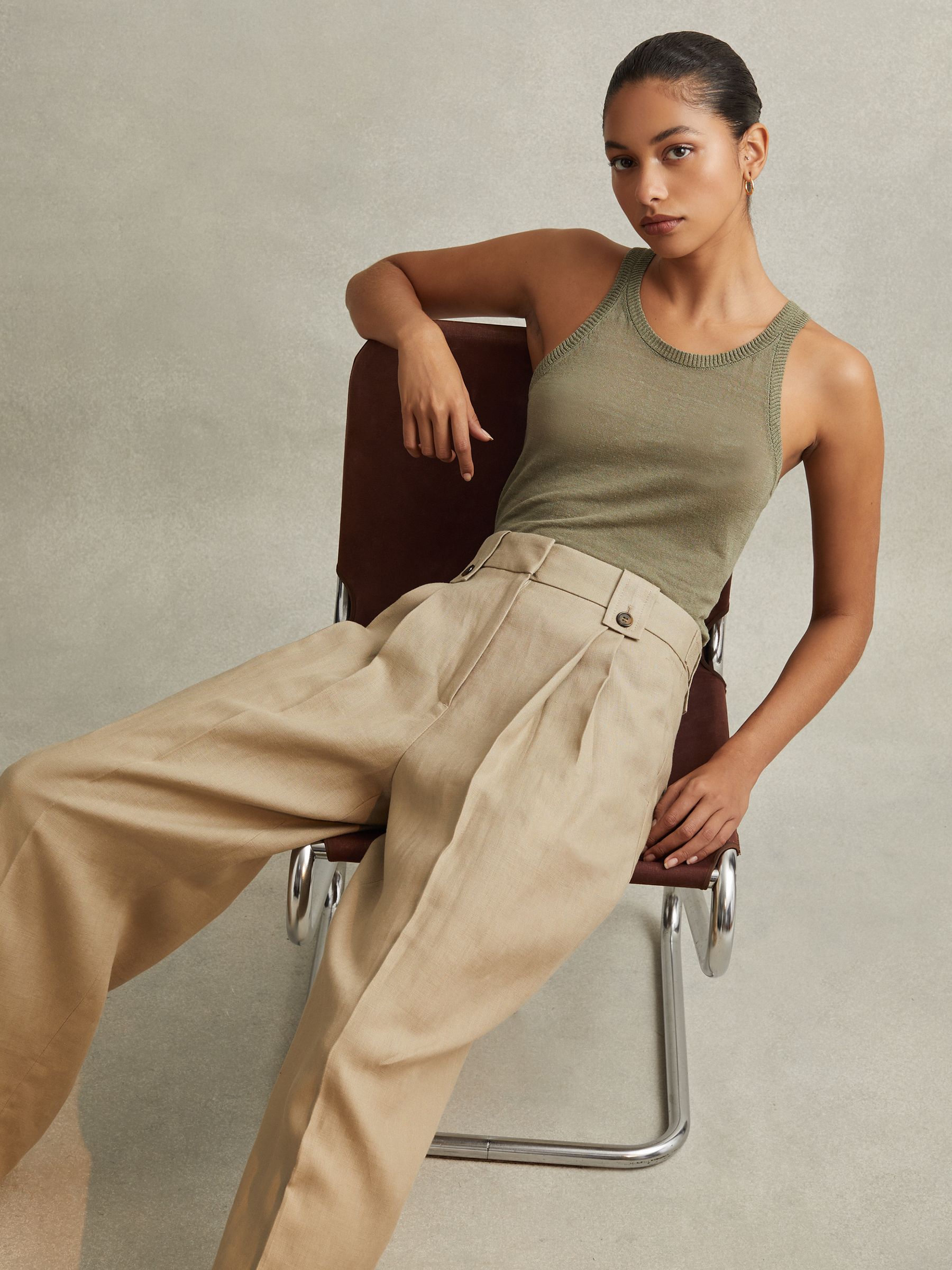 Linen Front Pleat Trousers in Light Khaki