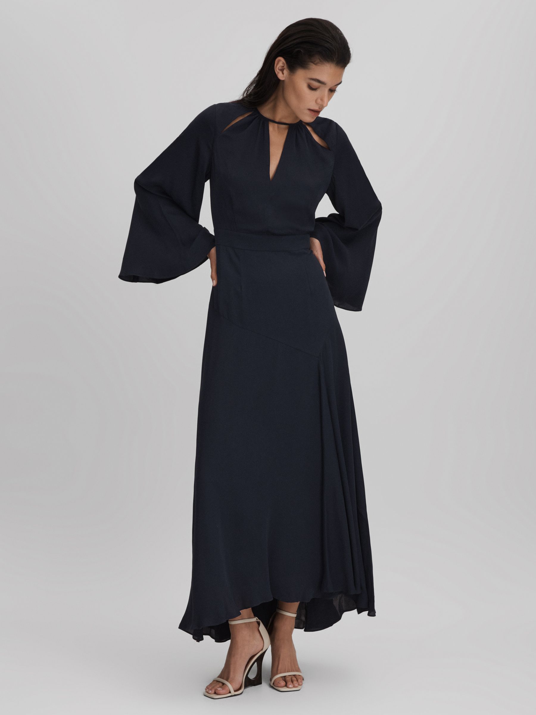Flute Sleeve Midi Dress in Navy