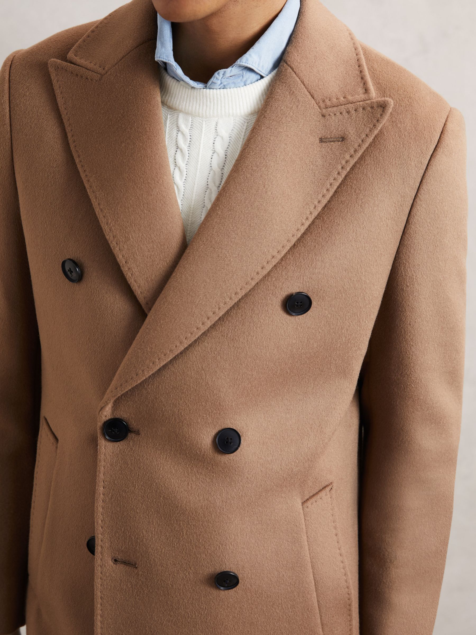 Wool-Blend Double-Breasted Overcoat in Light Brown