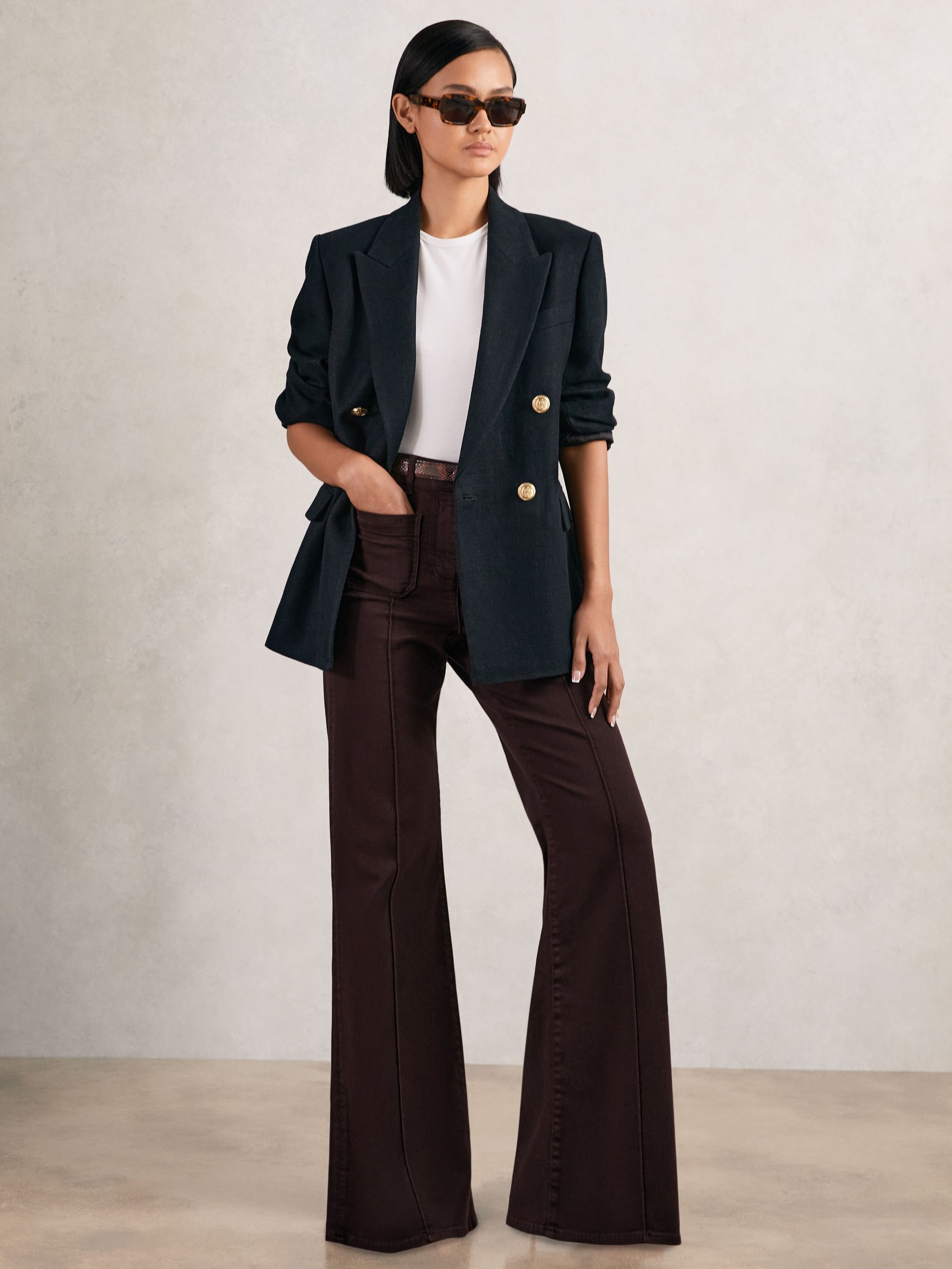 Petite Patch-Pocket Flared Jeans in Burgundy