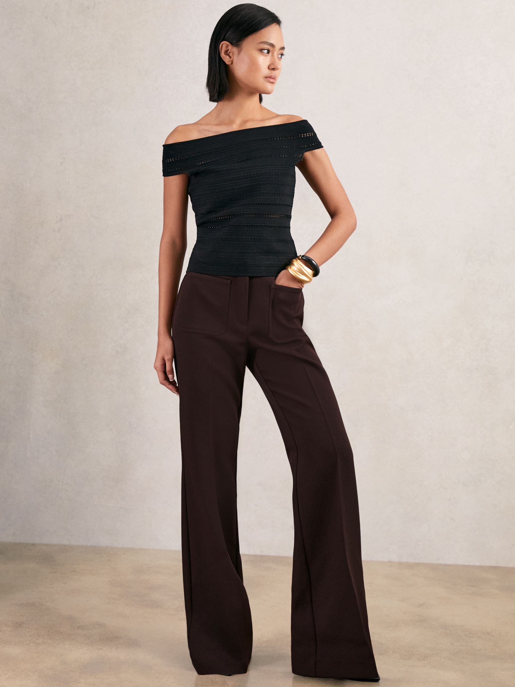 Petite Twill Patch-Pocket Flared Trousers in Chocolate Brown