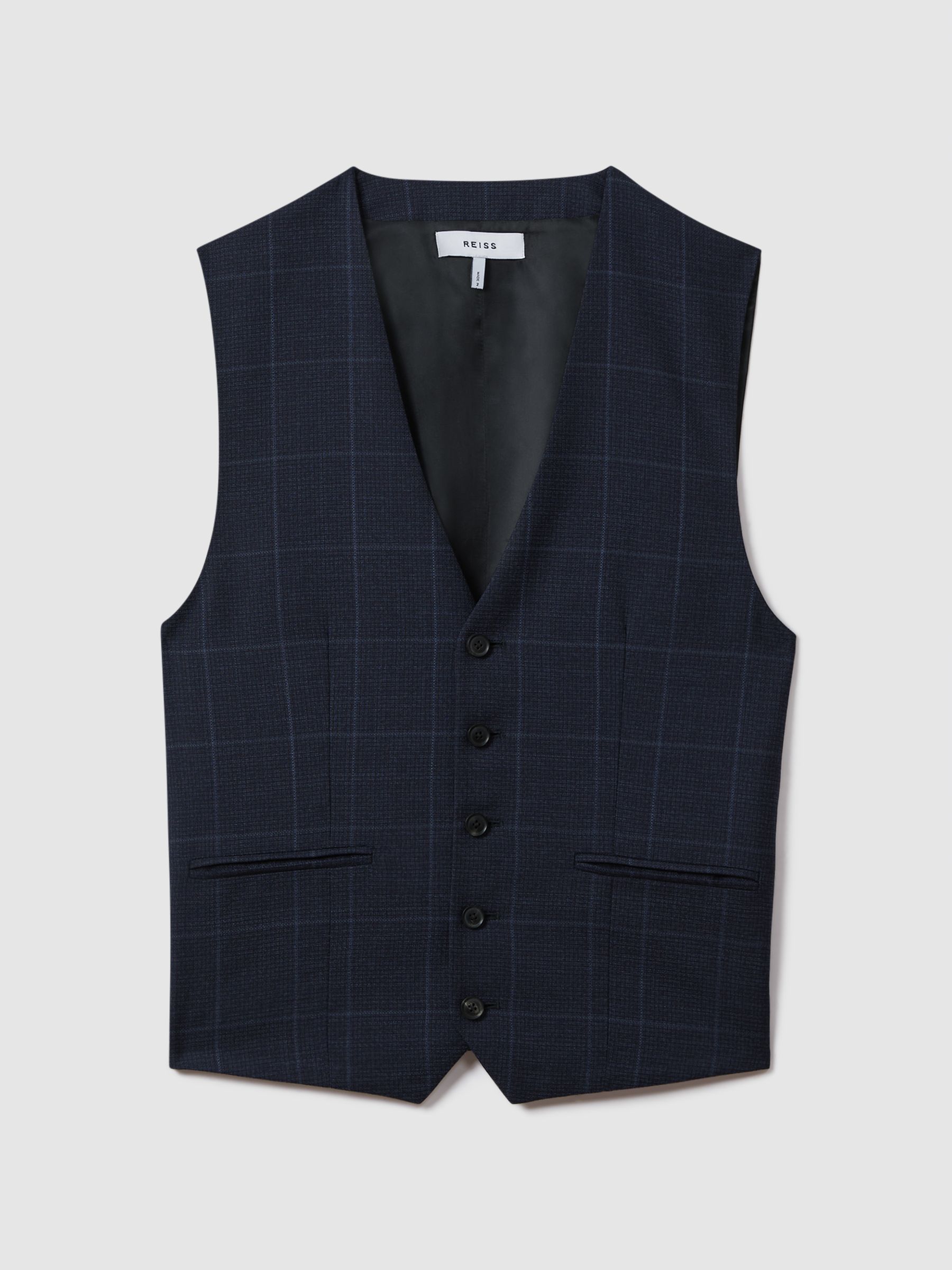 Klink Navy Wool Check Single Breasted Slim Fit Waistcoat