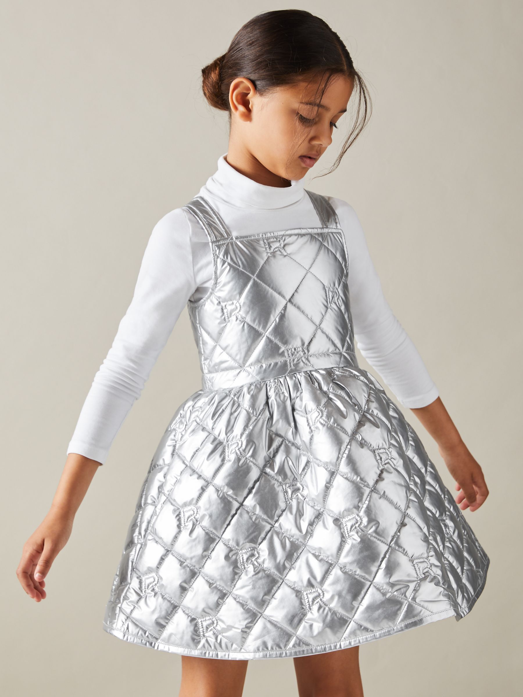 9-13 yrs Quilted Metallic Flared Dress in Silver
