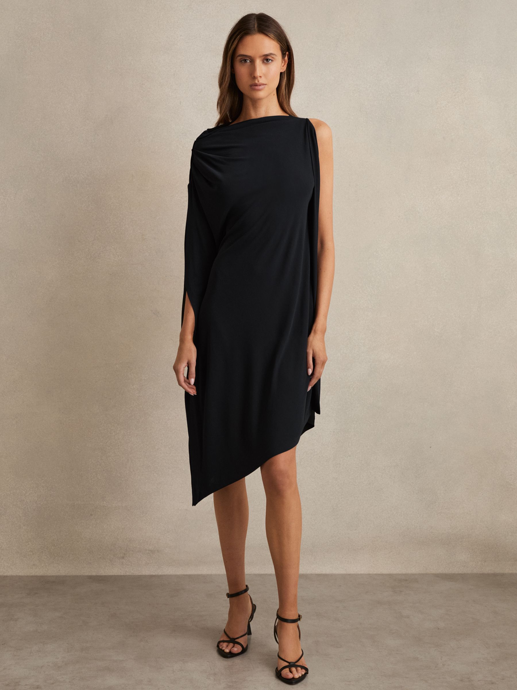Asymmetric Draped Jersey Dress in Navy/Black