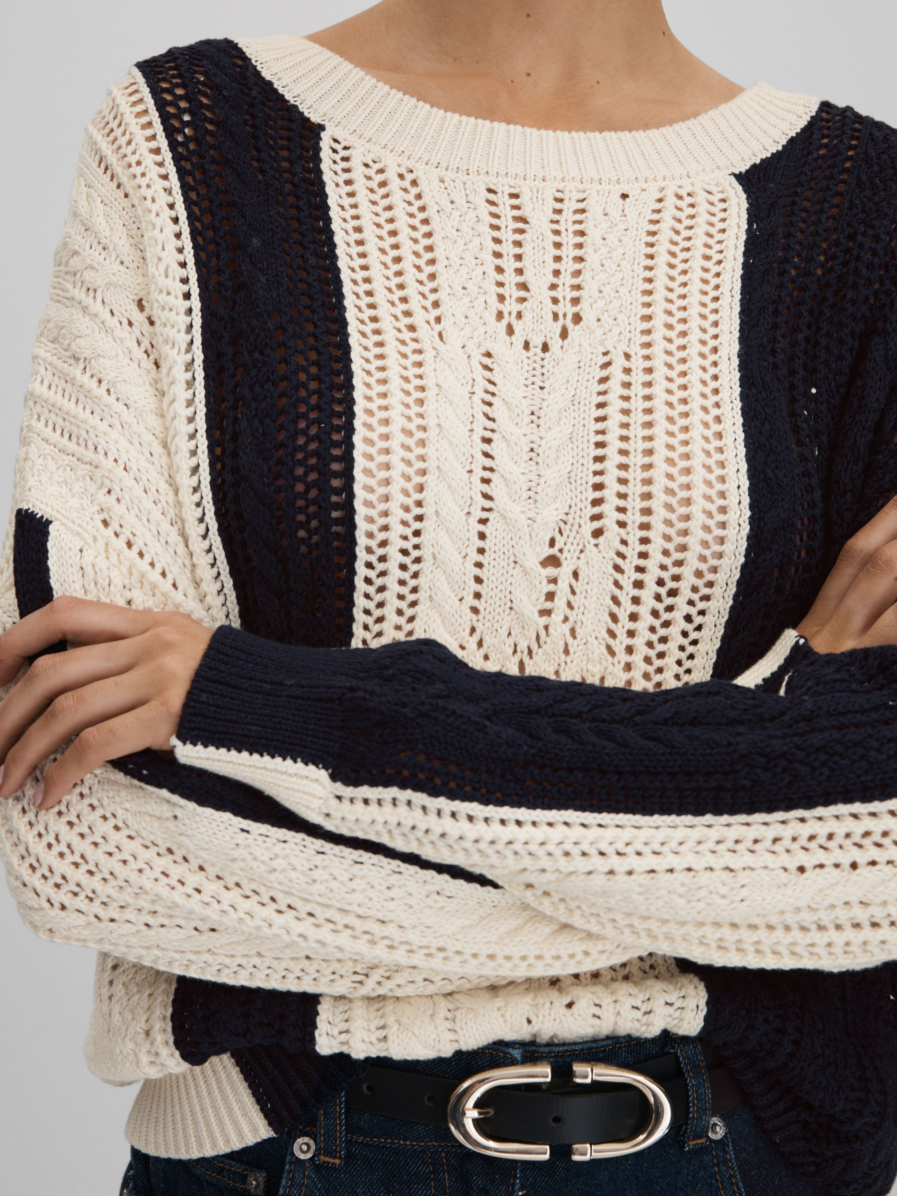 Cotton Blend Open Stitch Crew Neck Jumper in Cream/Navy