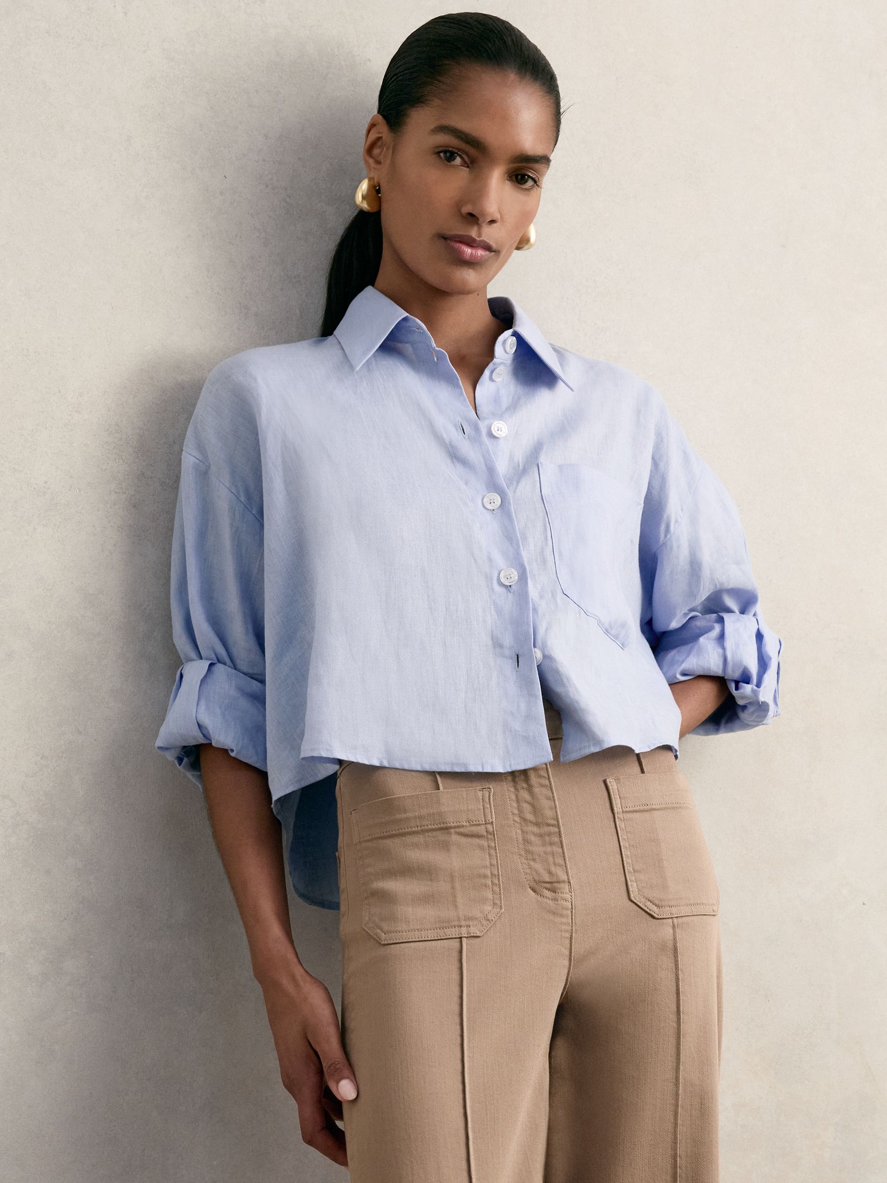 Oversize Linen Cropped Shirt in Blue