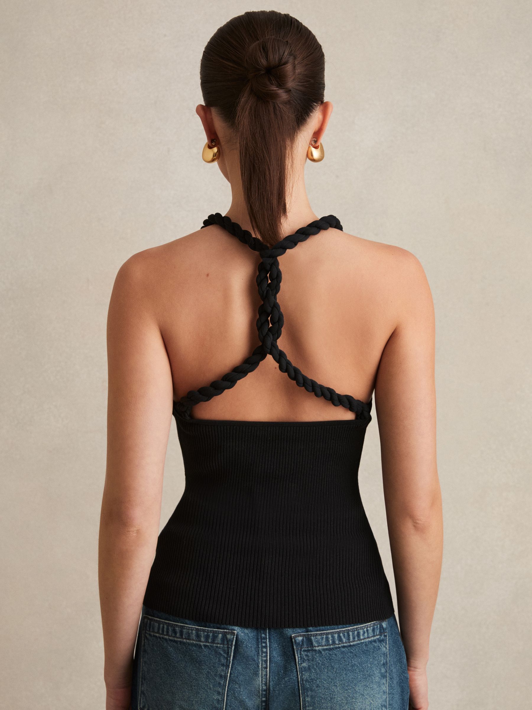 Twist-Strap Rib-Knit Vest in Black