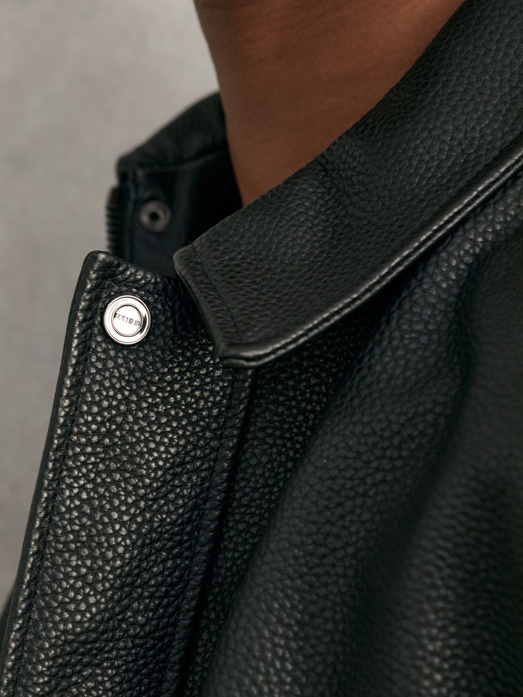 Grained Leather Zip Through Jacket in Black
