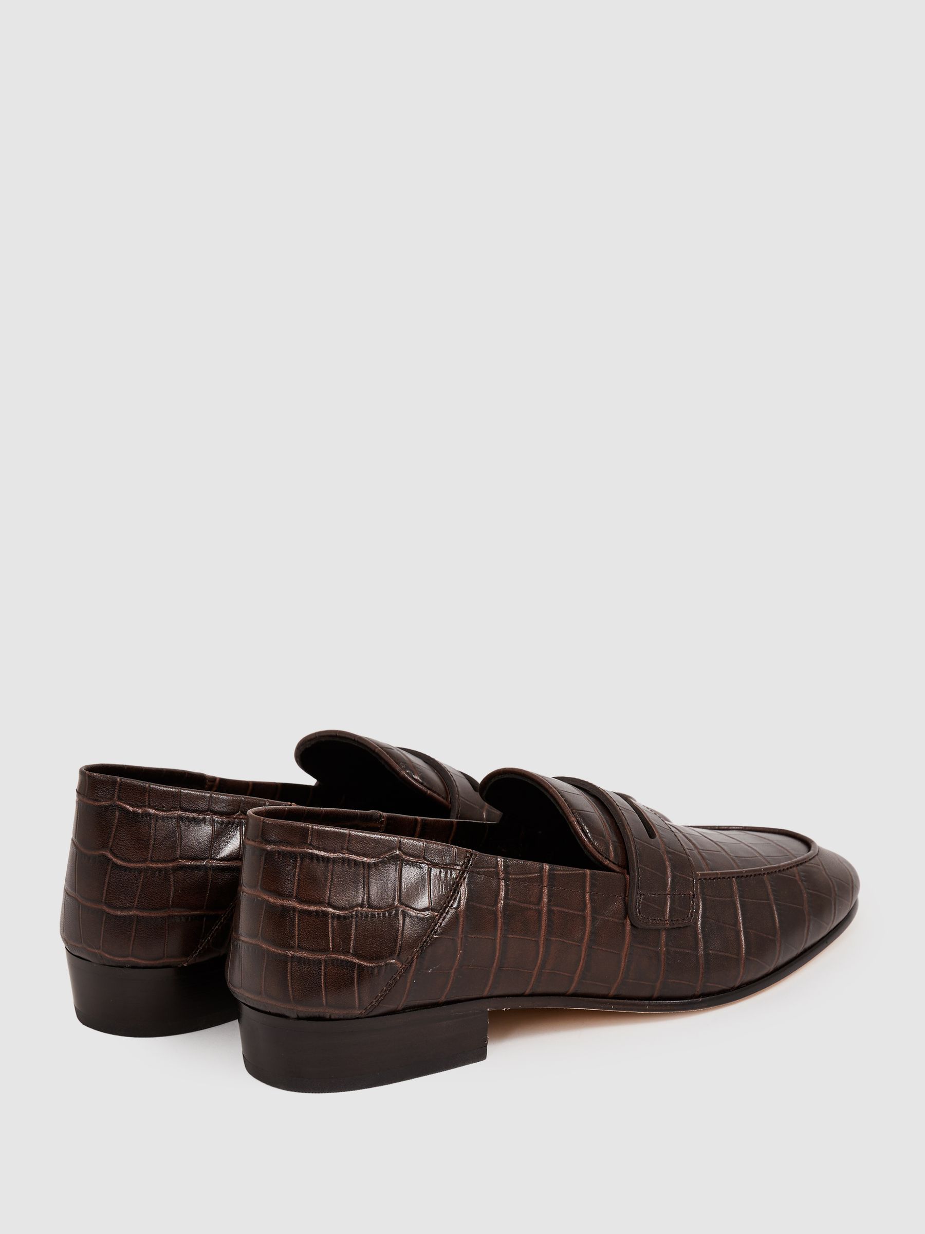 Paige Leather Crocodile-Embossed Penny Loafers in Chocolate