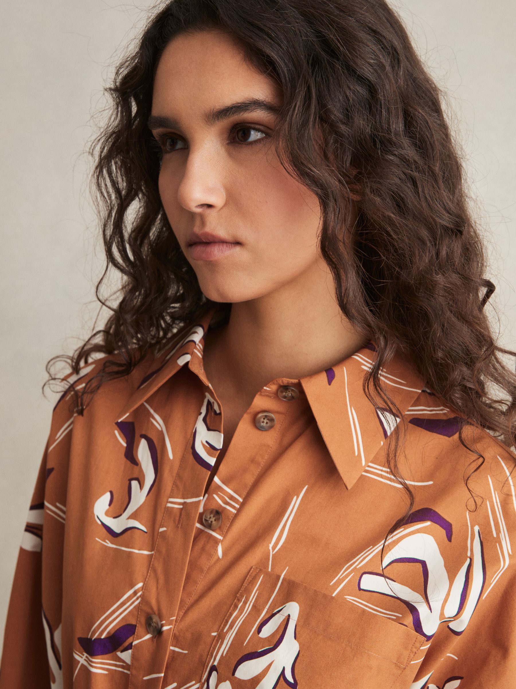 Cotton Printed Shirt Dress in Rust
