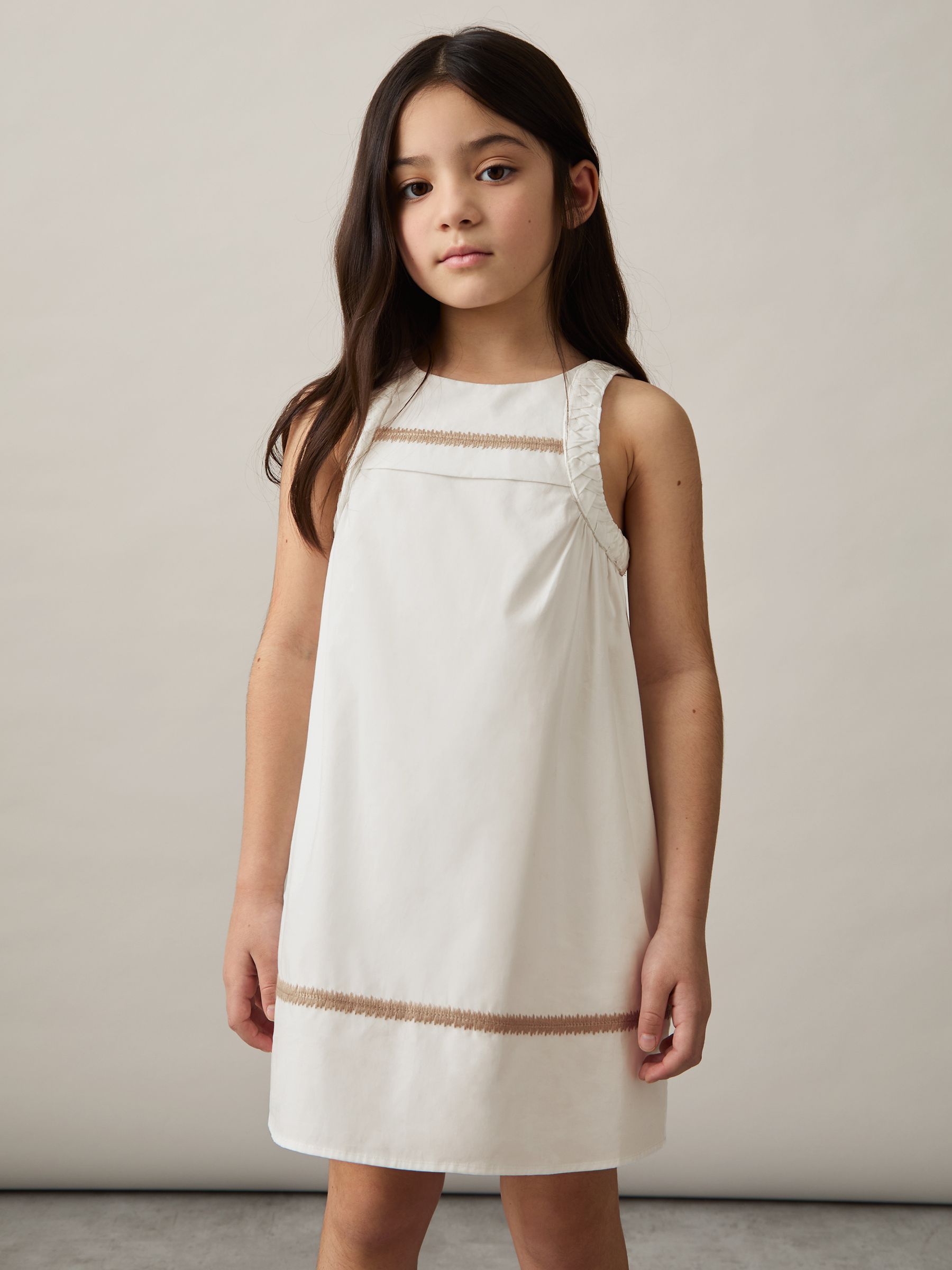 13-14 yrs Cotton Plaited-Trim Sleeveless Dress in Ivory