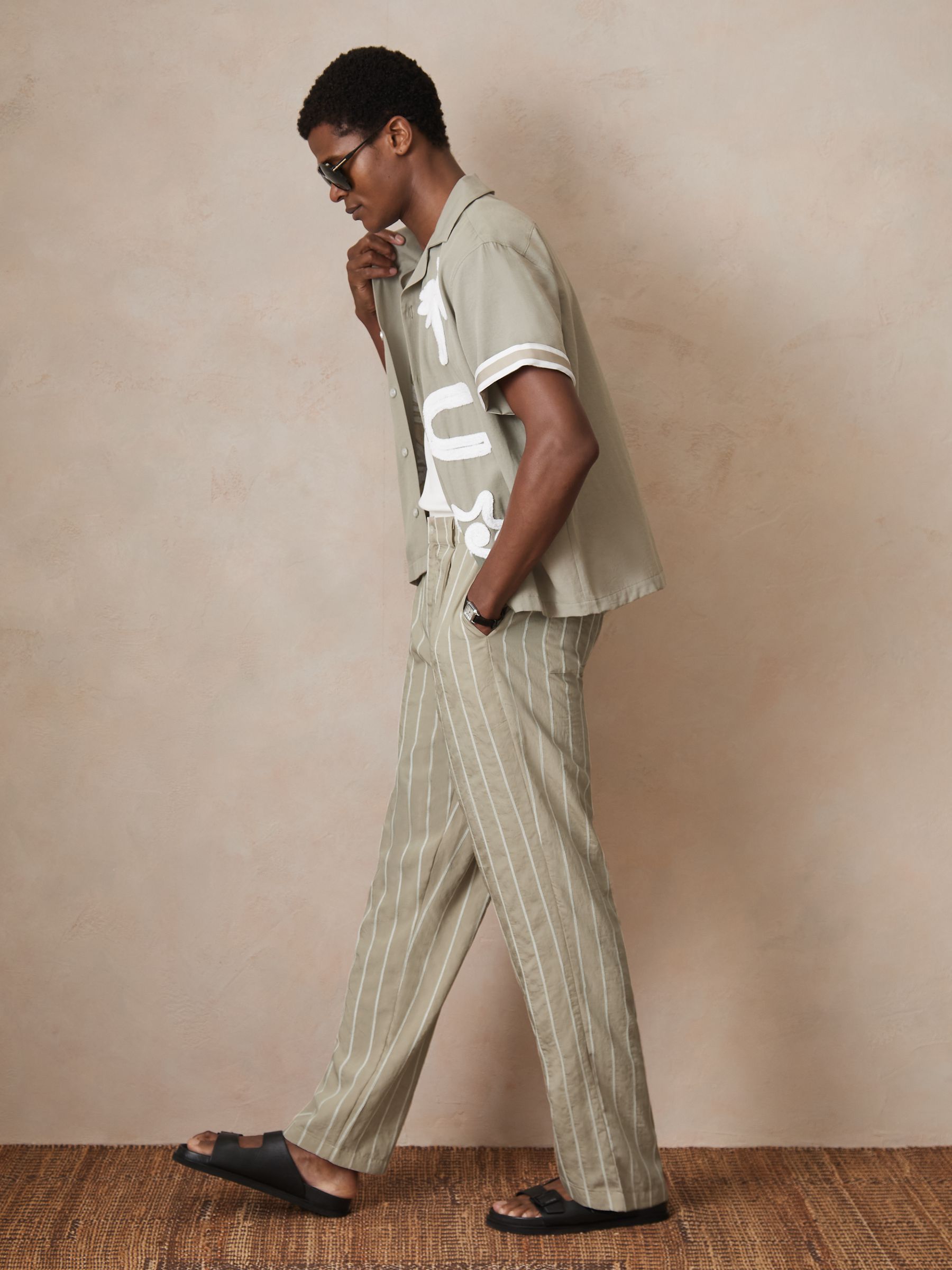 Reiss | Ché Pinstripe Wide-Leg Trousers in Stone