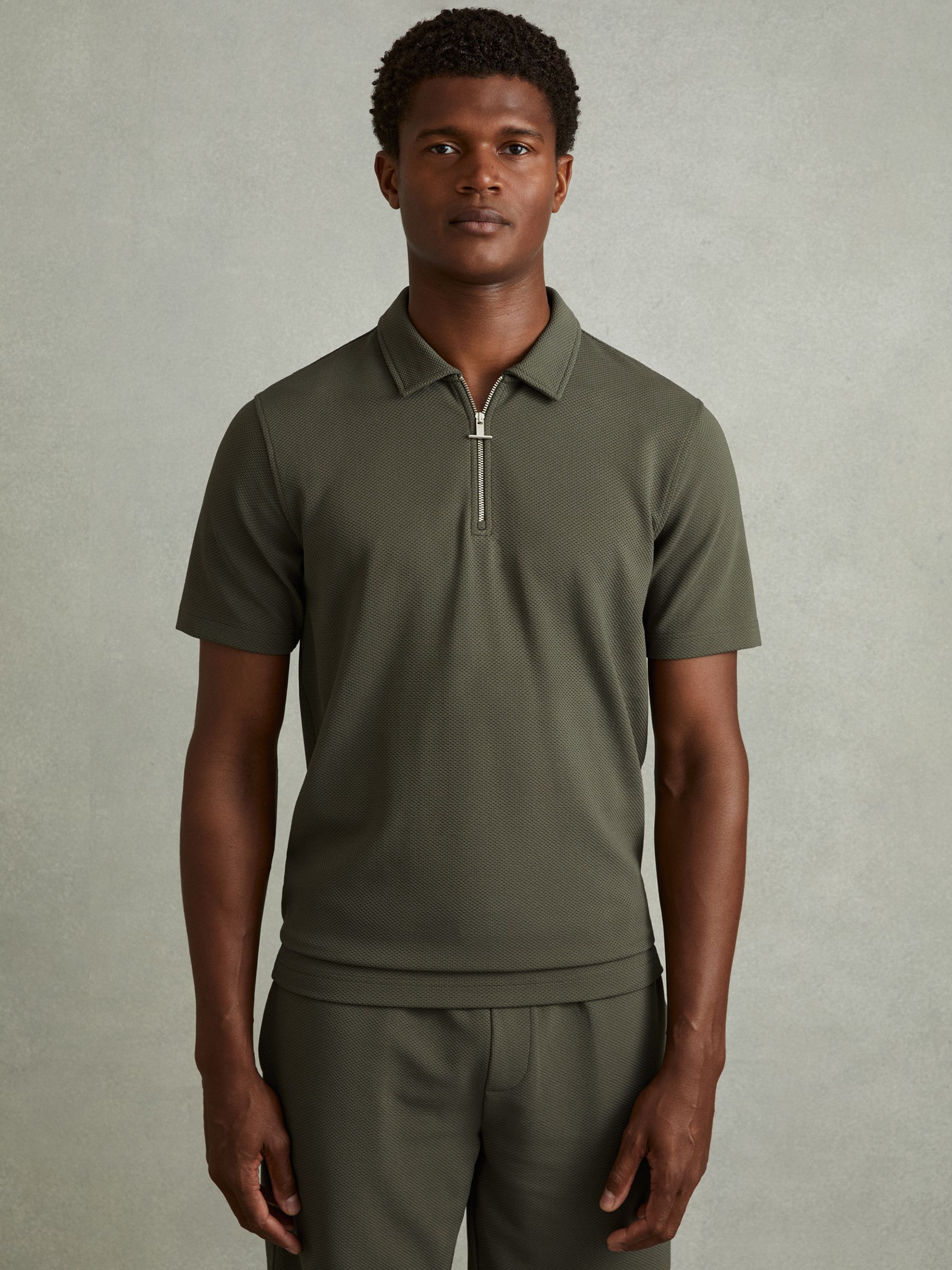 Textured Zip-Neck Polo Shirt in Green Smoke