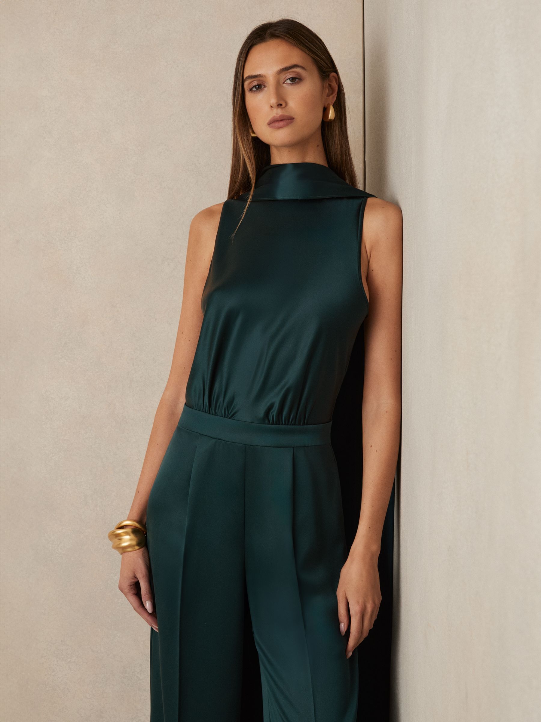 Satin Cape-Sash Jumpsuit in Teal Green