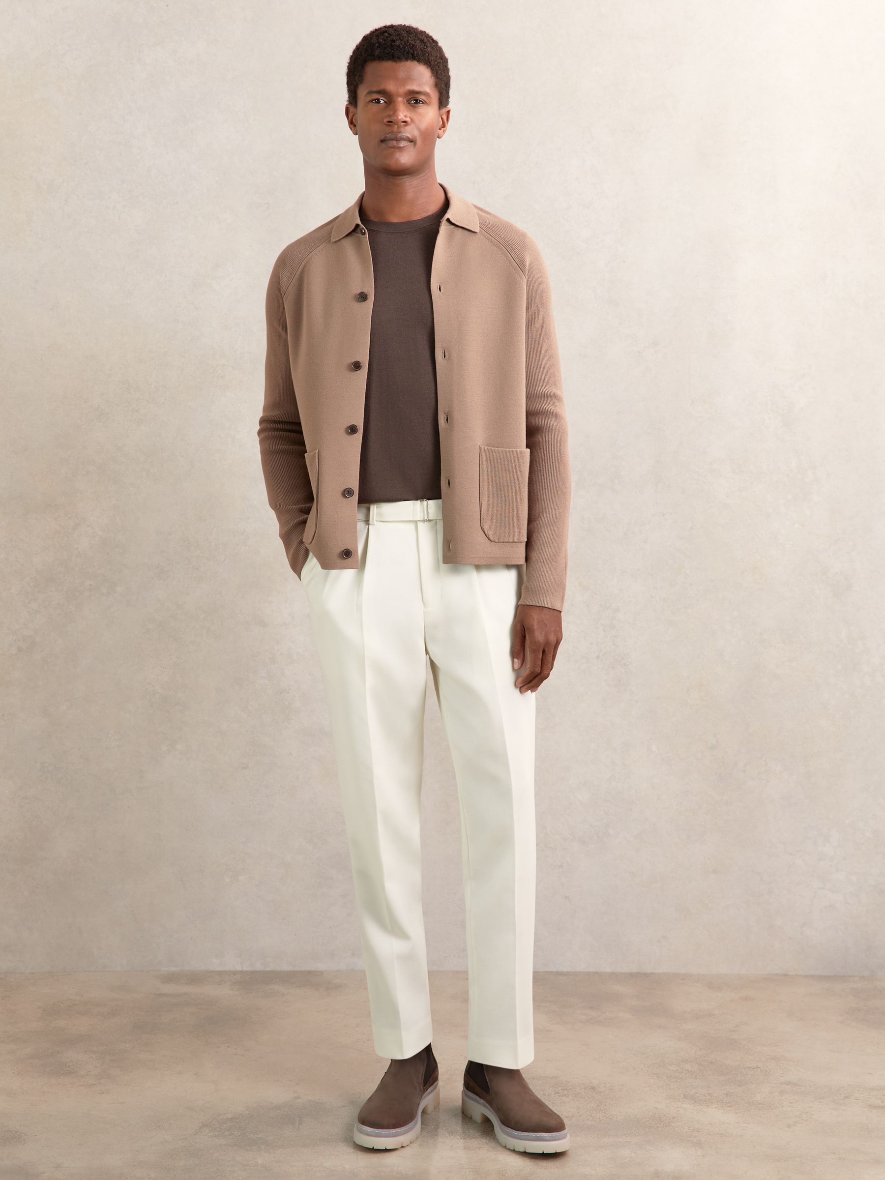 Button-Through Ribbed-Sleeve Shirt in Camel Brown