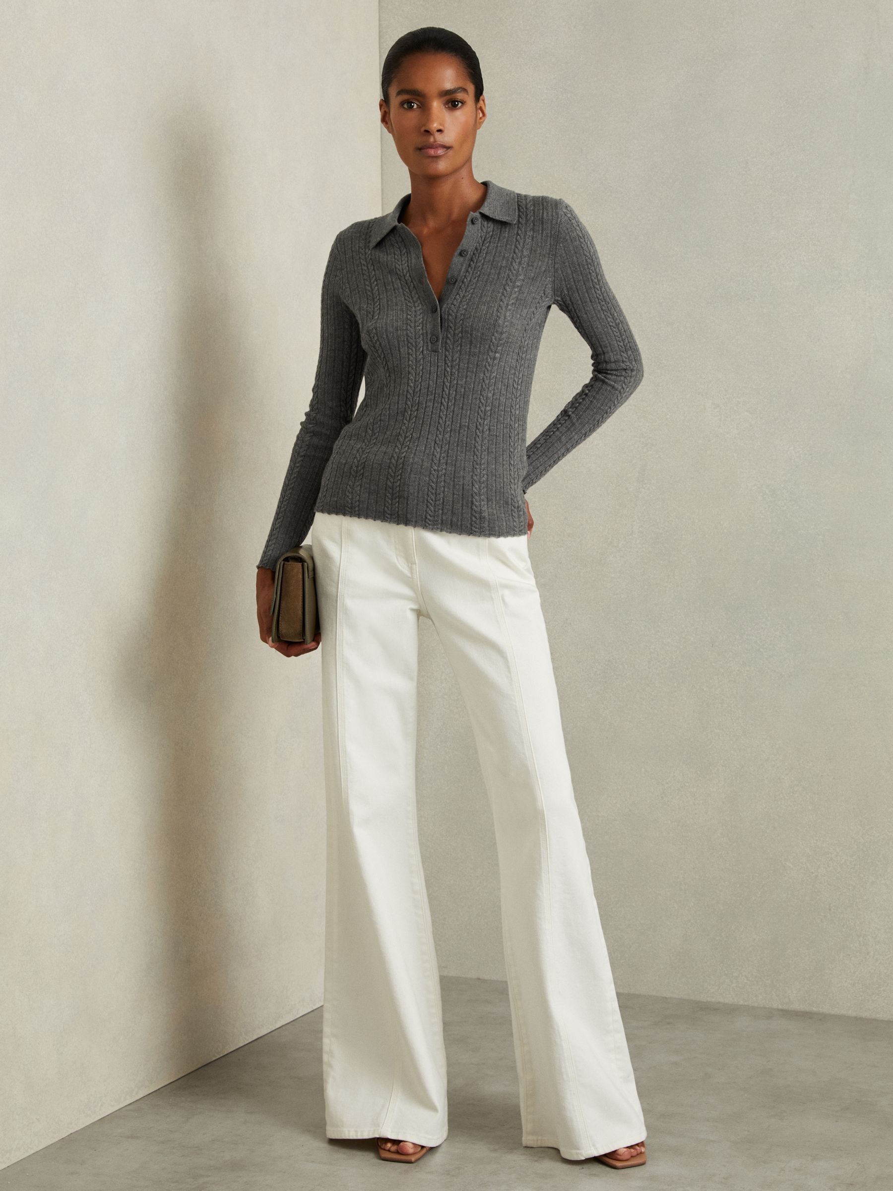 Wool Cable Knit Polo Neck Jumper in Charcoal