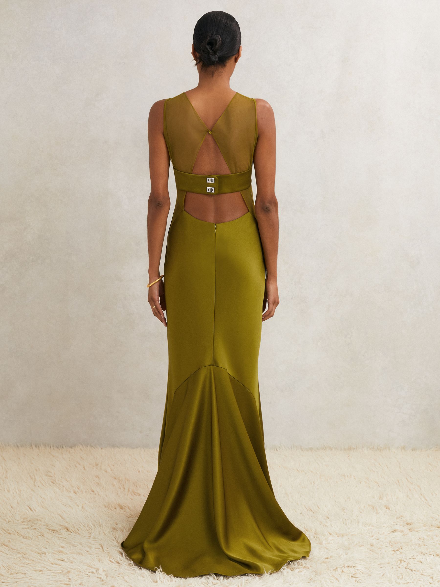 Atelier Satin Sheer-Panel Maxi Dress in Green