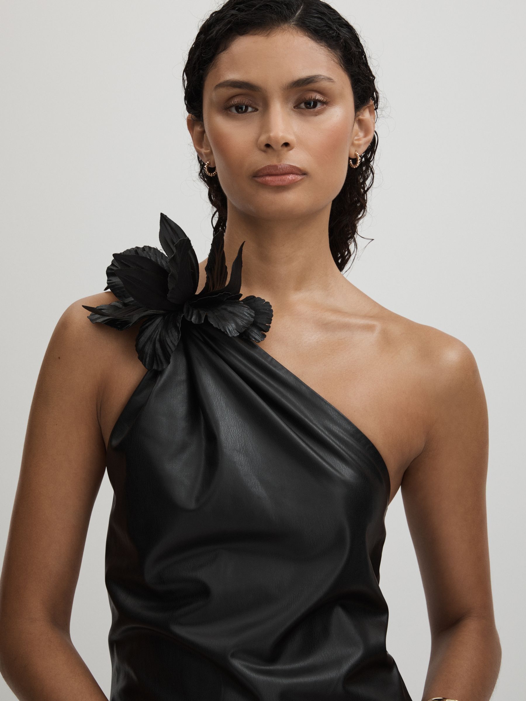 Halston Faux Leather One-Shoulder Maxi Dress in Black