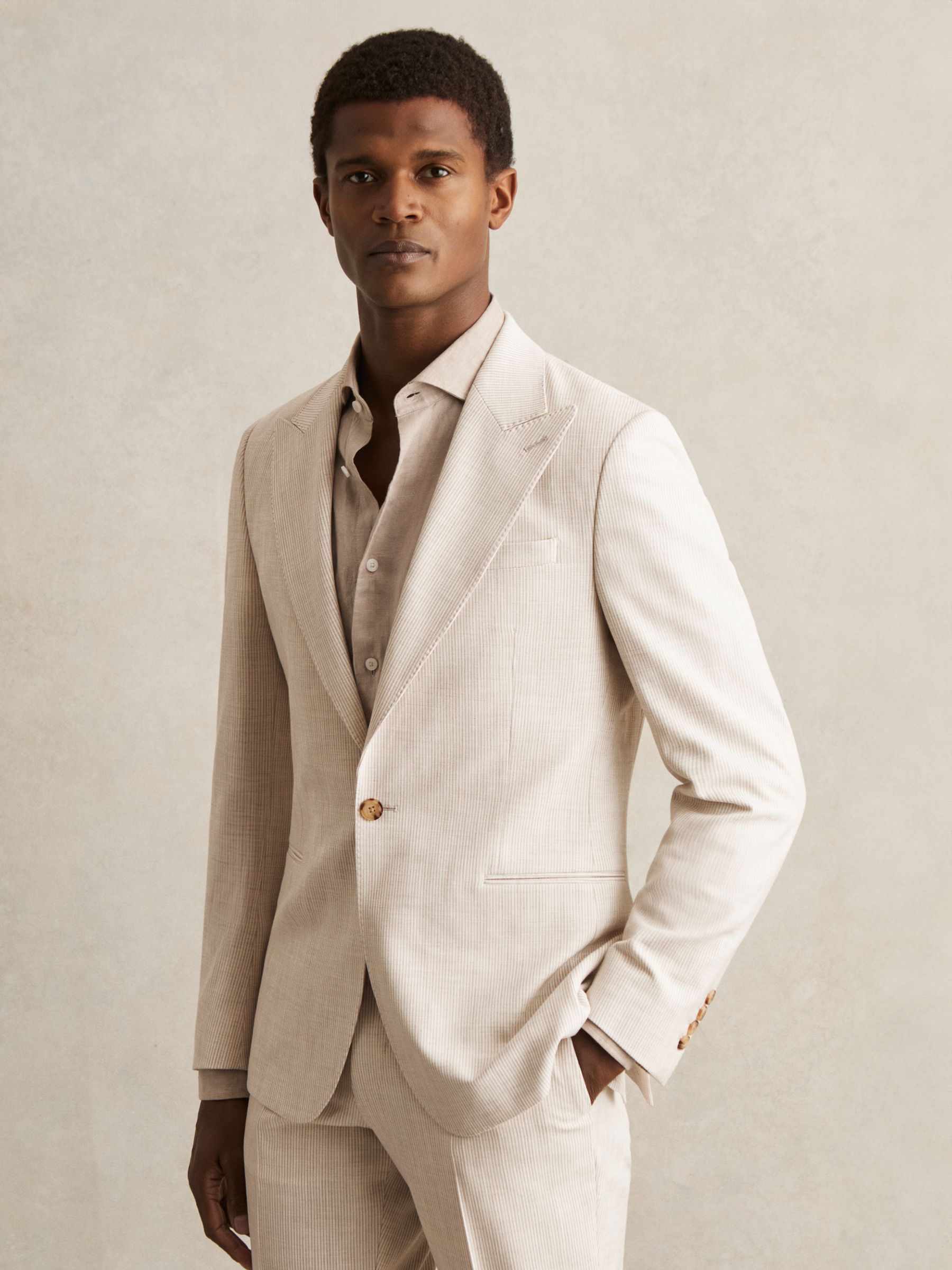 Slim Fit Single Breasted Pinstripe Suit Blazer in Oatmeal/White