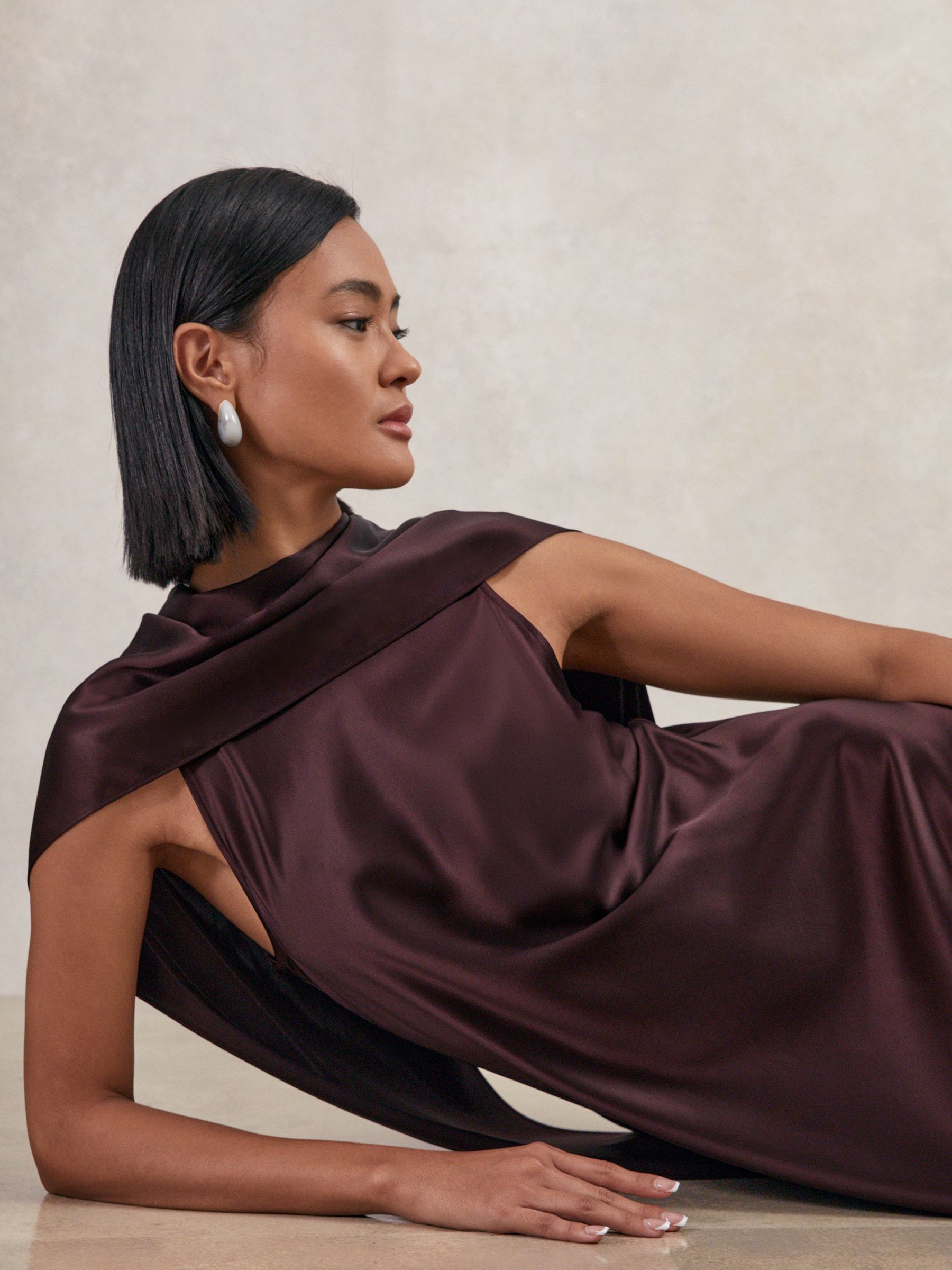 Satin Cape Maxi Dress in Burgundy