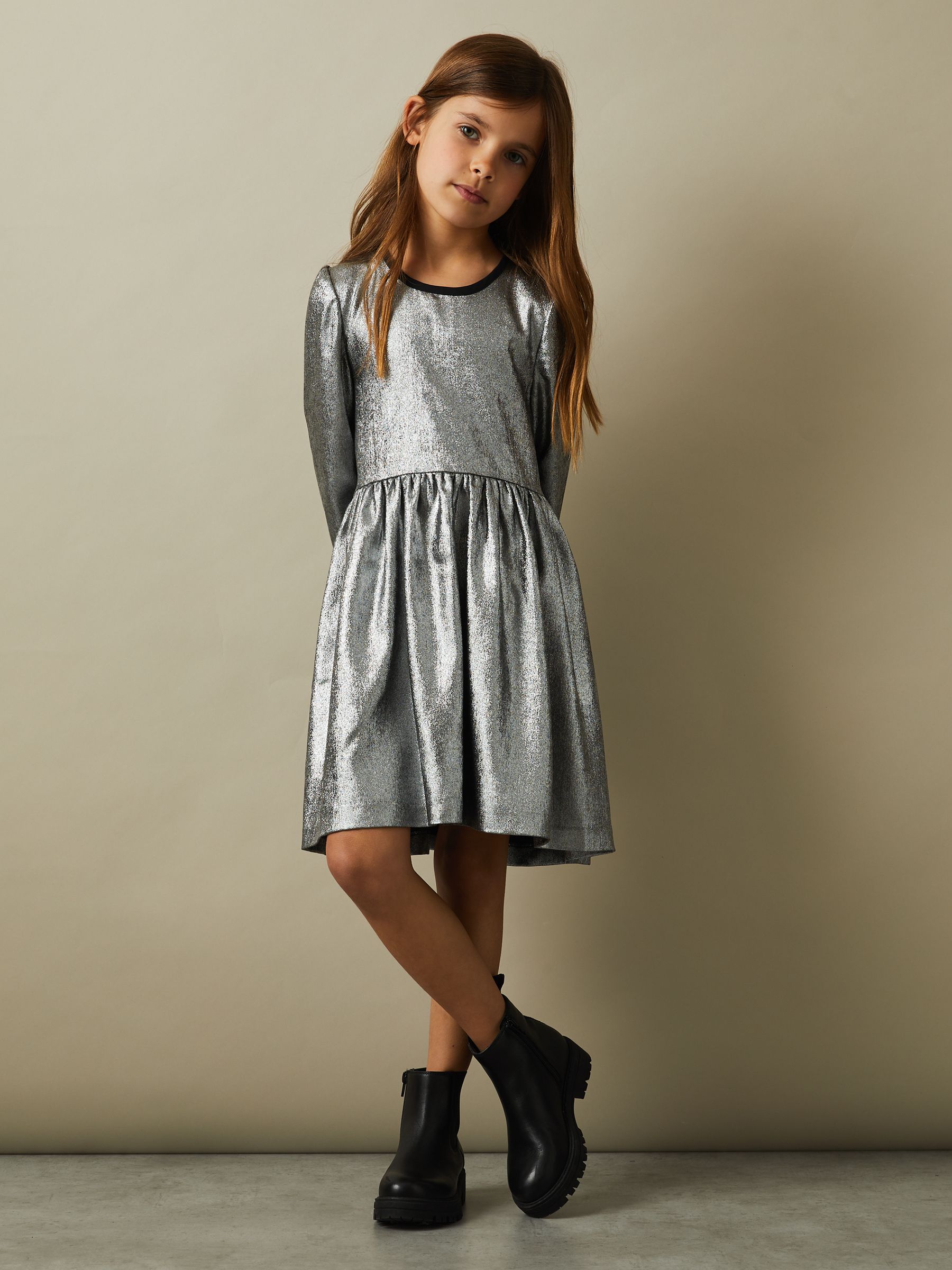 9-13 yrs Metallic Fit and Flare Dress in Silver