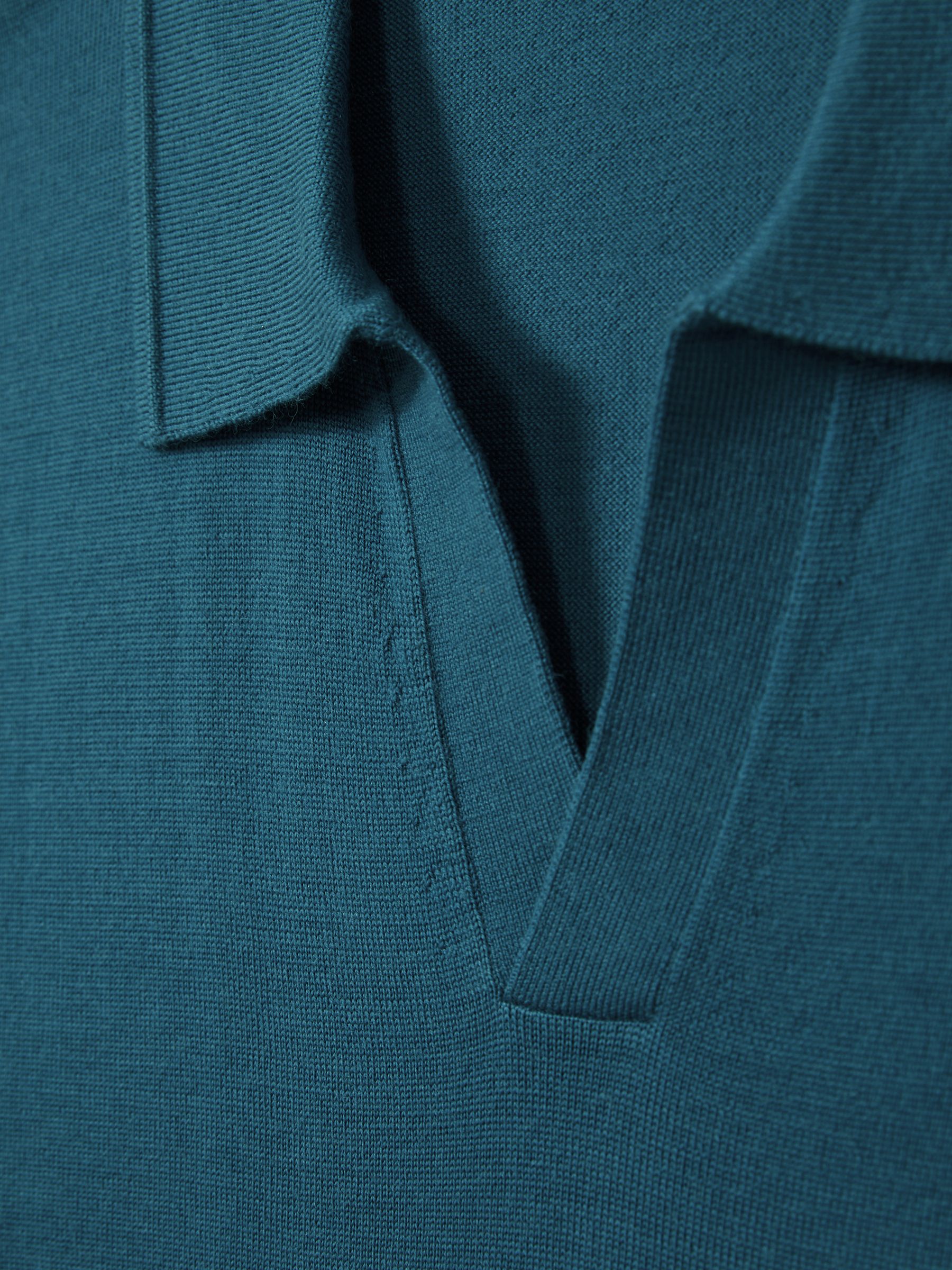 Merino Wool Open Collar Polo Shirt in Deep Teal Blue