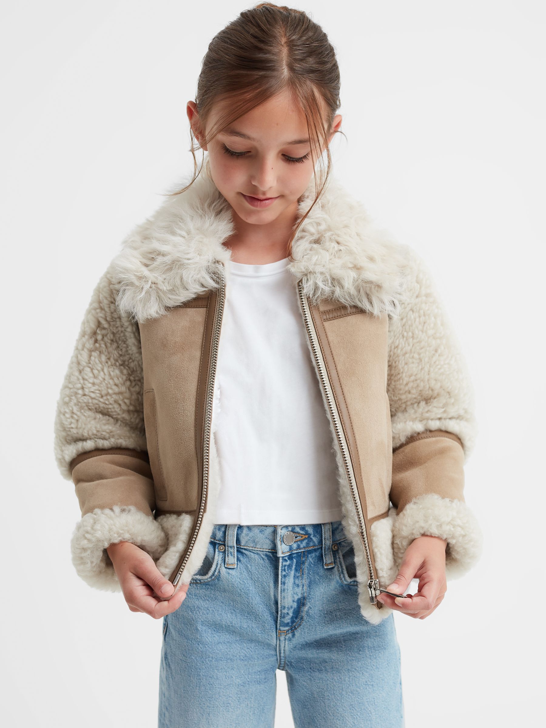 4-9 yrs Suede Sheepskin Zip-Through Jacket in Neutral