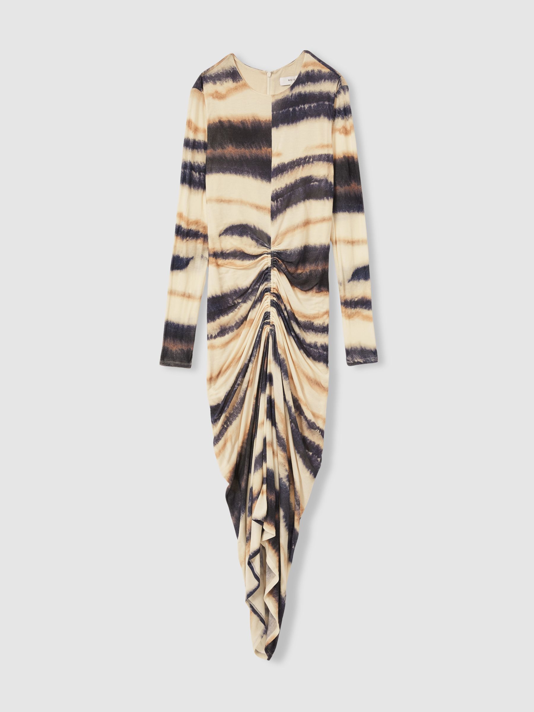 Jersey Ruched Printed Dress With Wool in Neutral/Navy