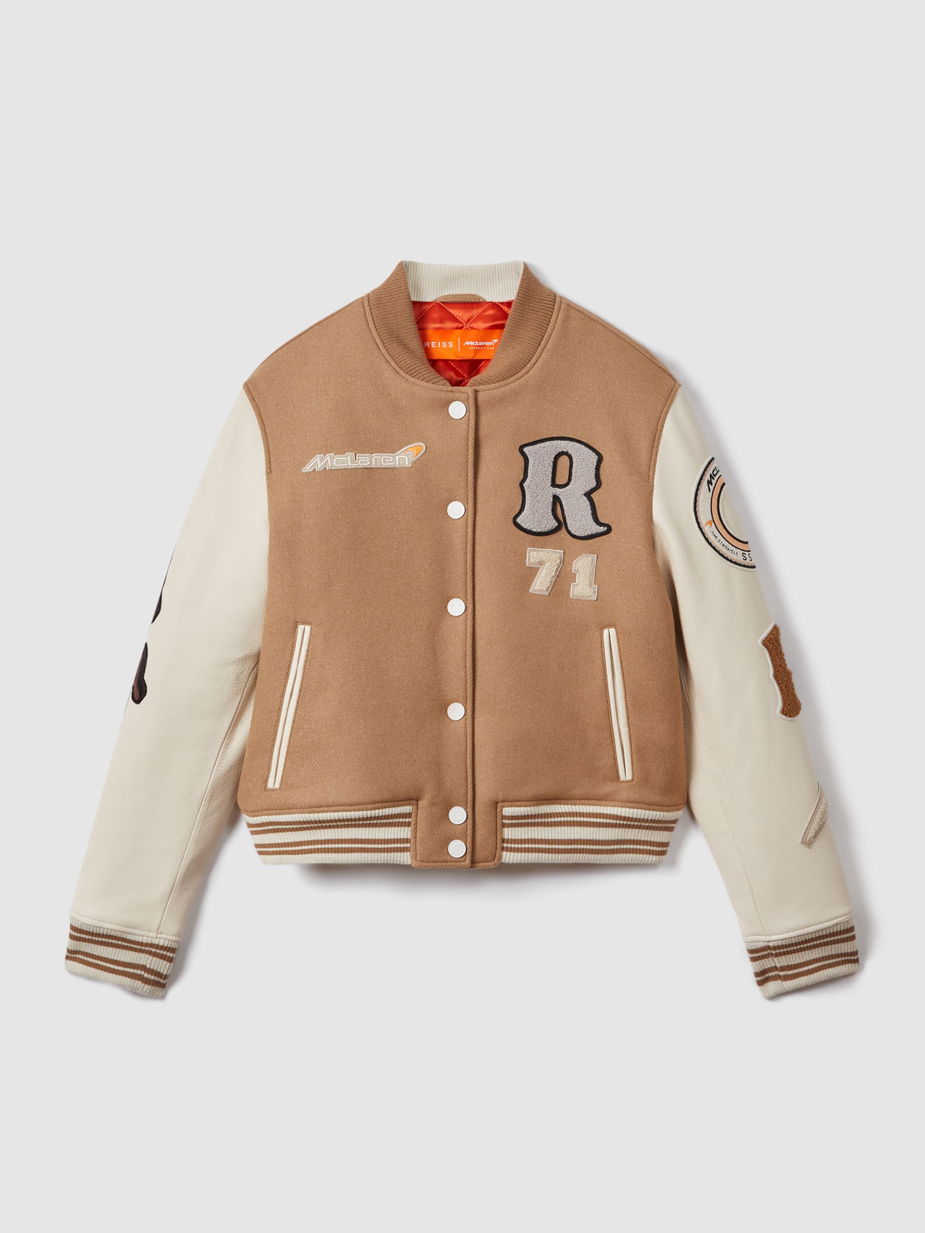 McLaren F1 Leather Varsity Jacket in Camel/Ecru