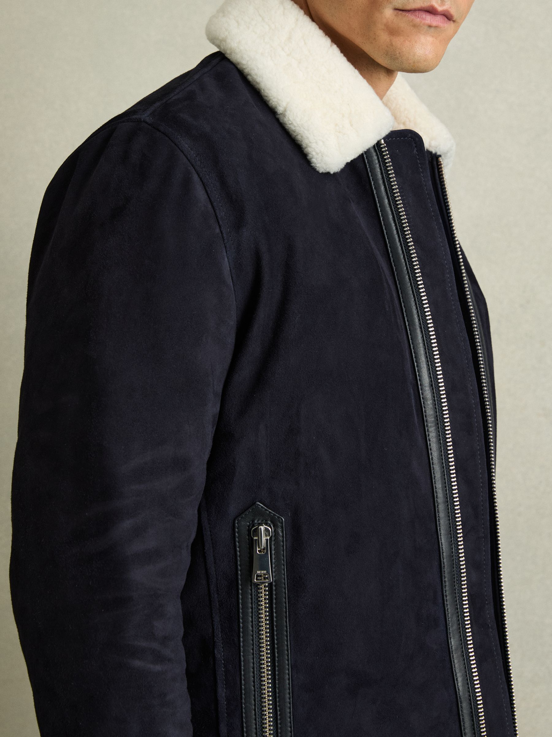 Suede Shearling-Collar Jacket in Navy