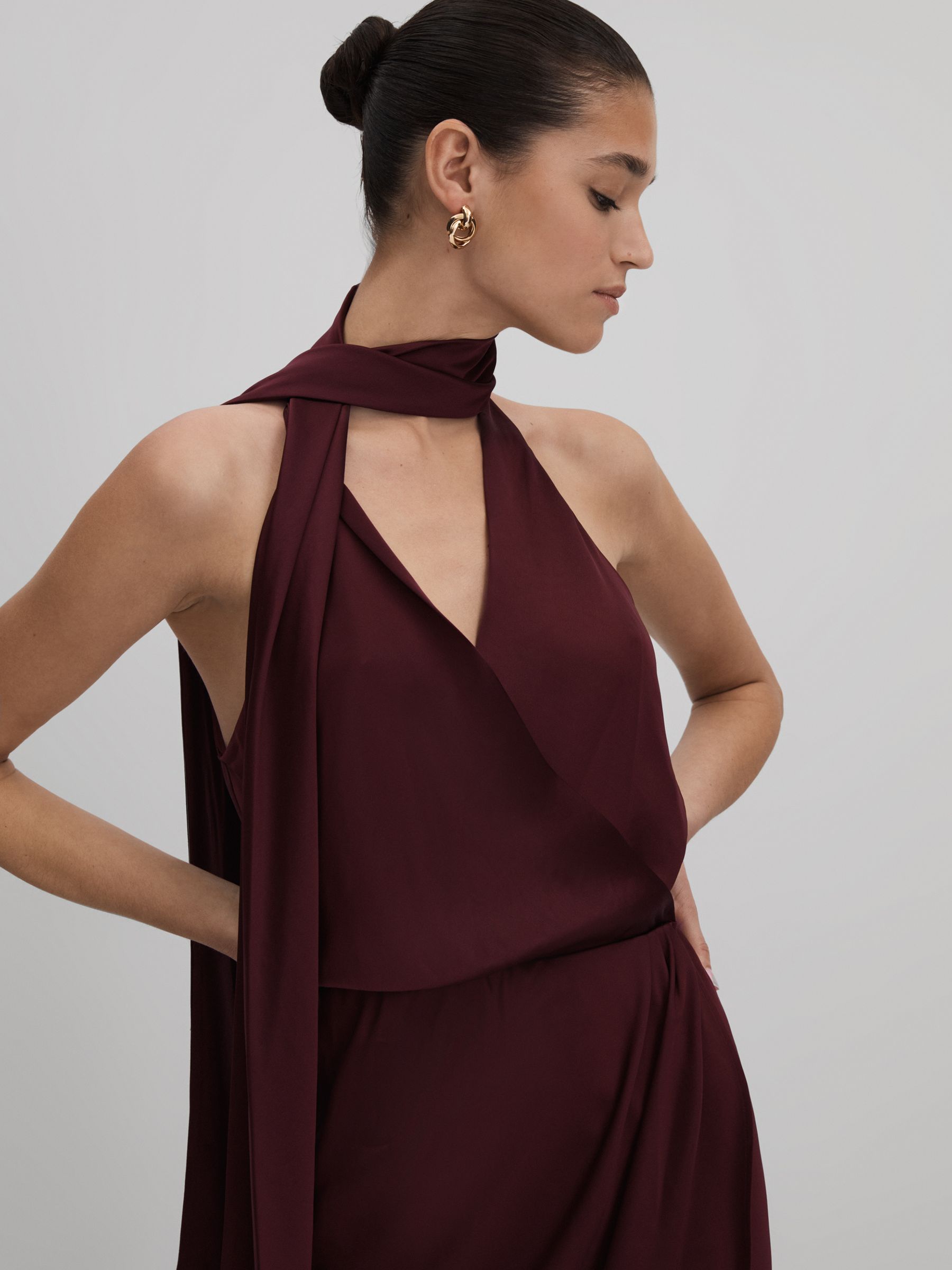 Satin Wrap Front Midi Dress in Burgundy