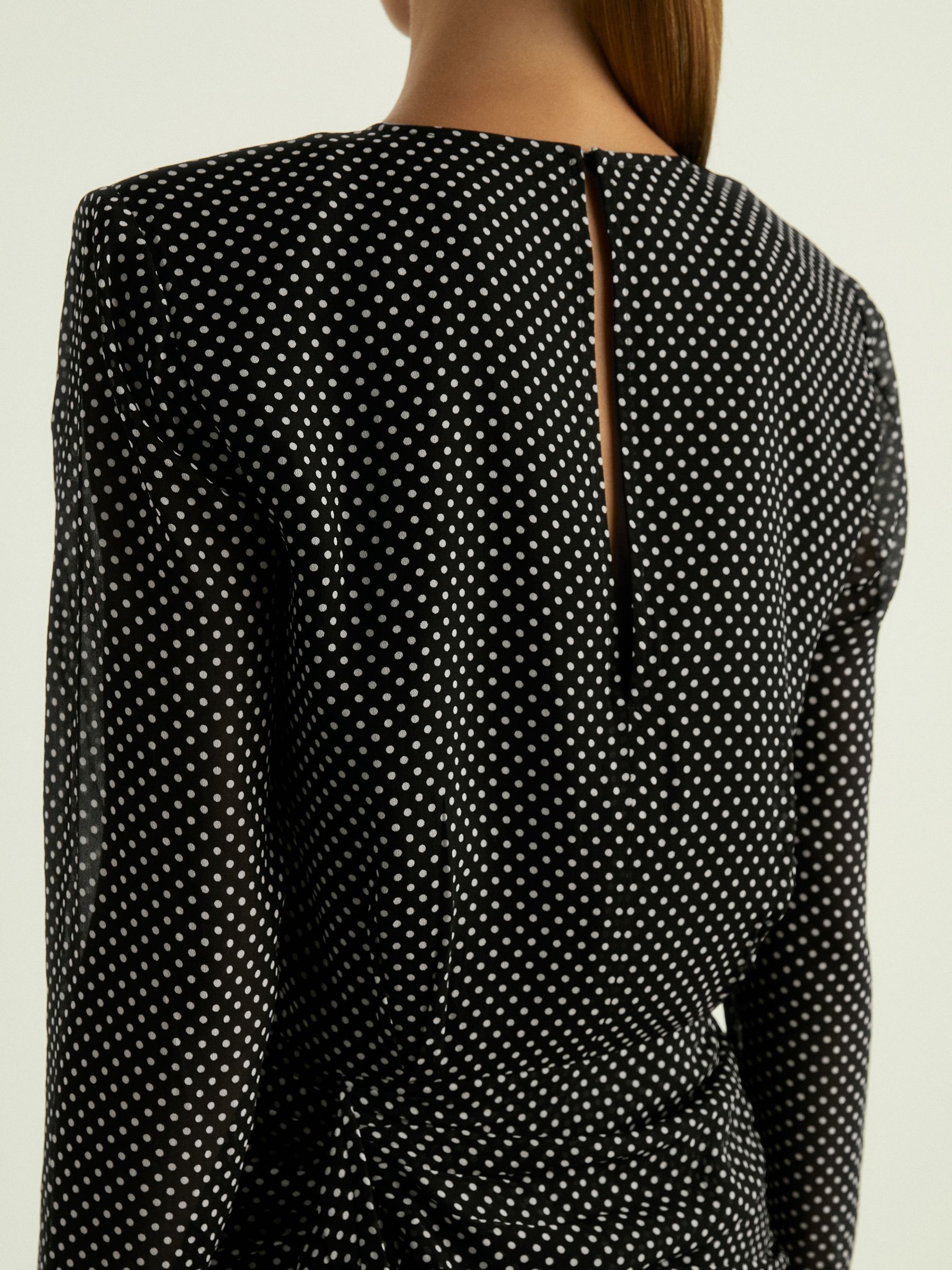 Gathered Polka-Dot Georgette Mini Dress in Black