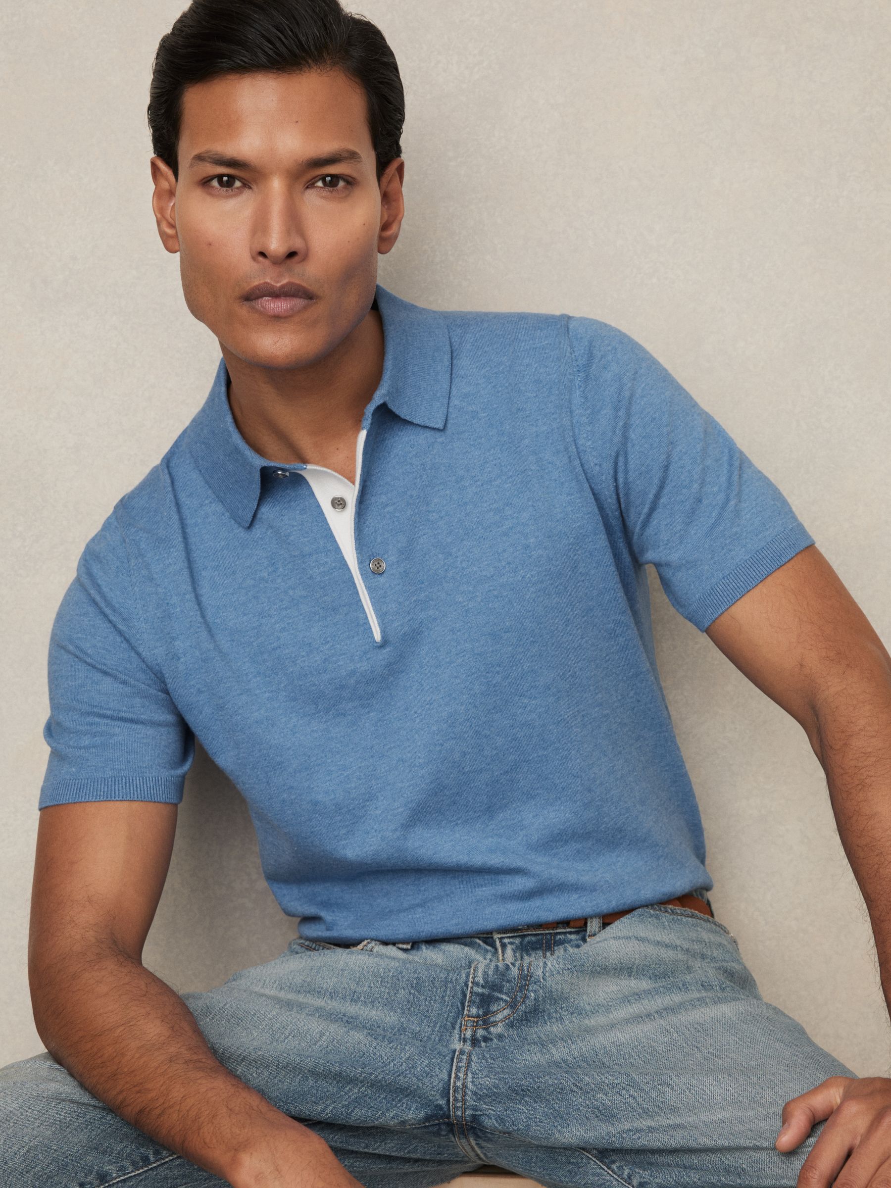 Contrast-Placket Polo Shirt With Cotton in Blue