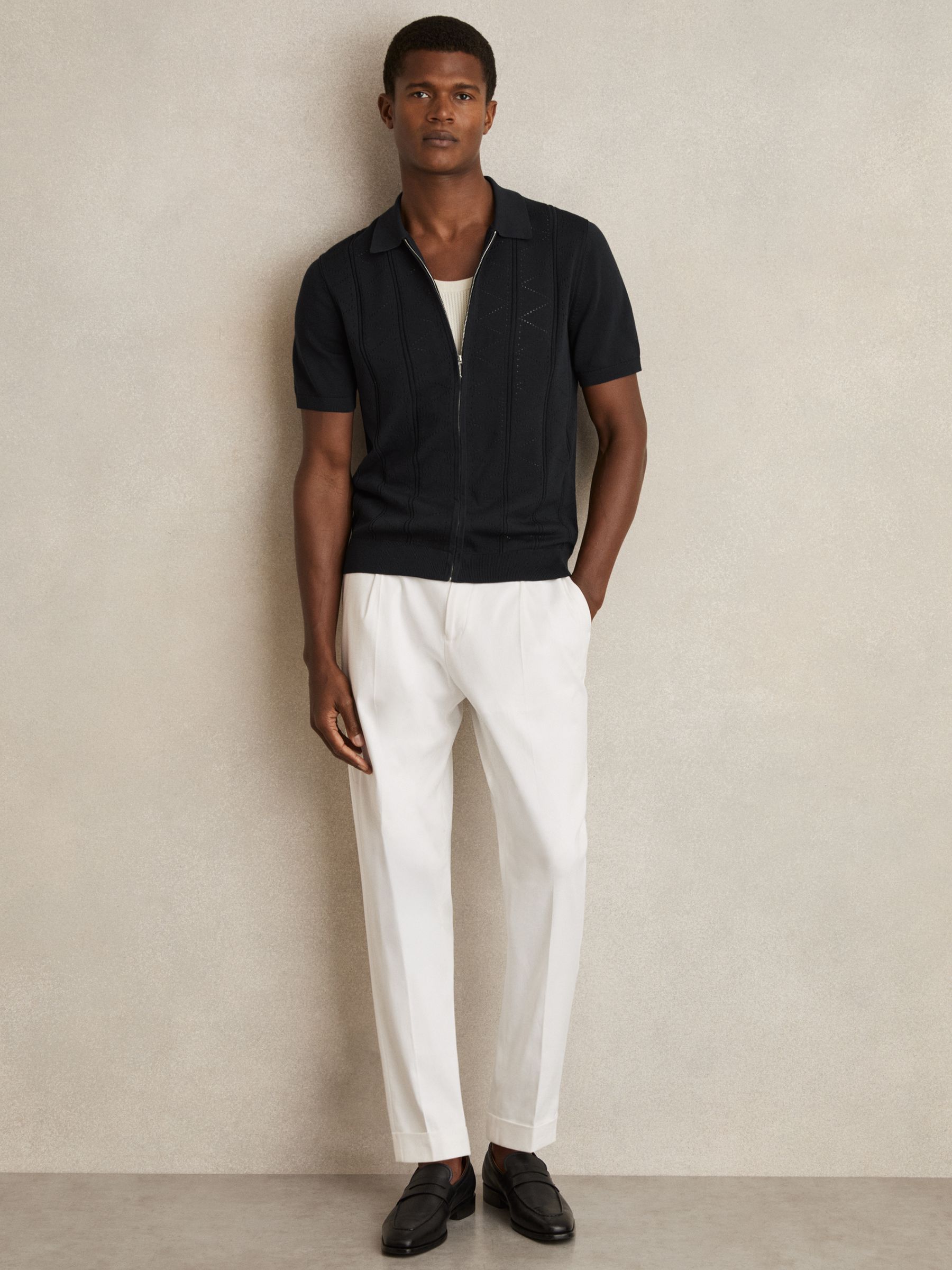 Pointelle-Knit Zip-Through Shirt in Navy