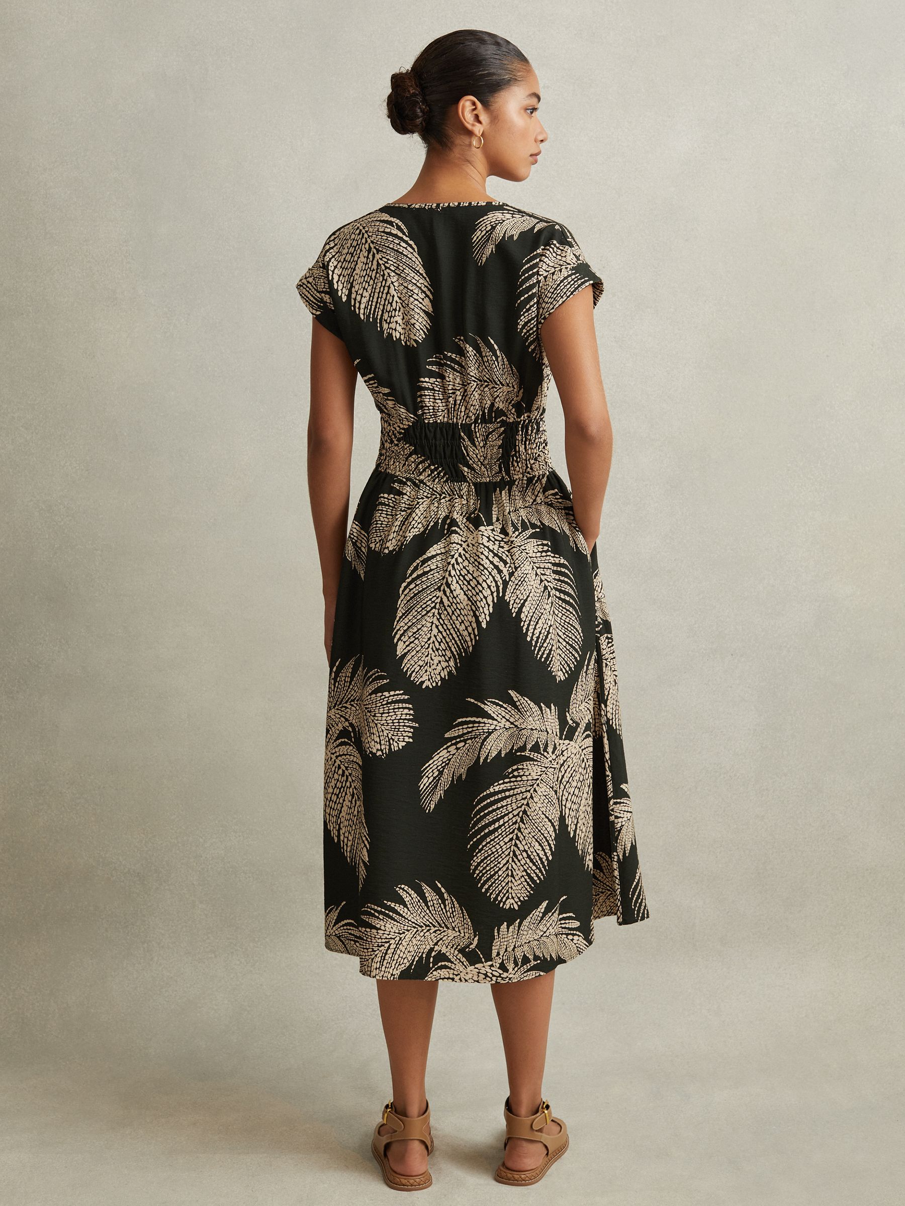 Tropical Print Elasticated Waist Midi Dress in Khaki