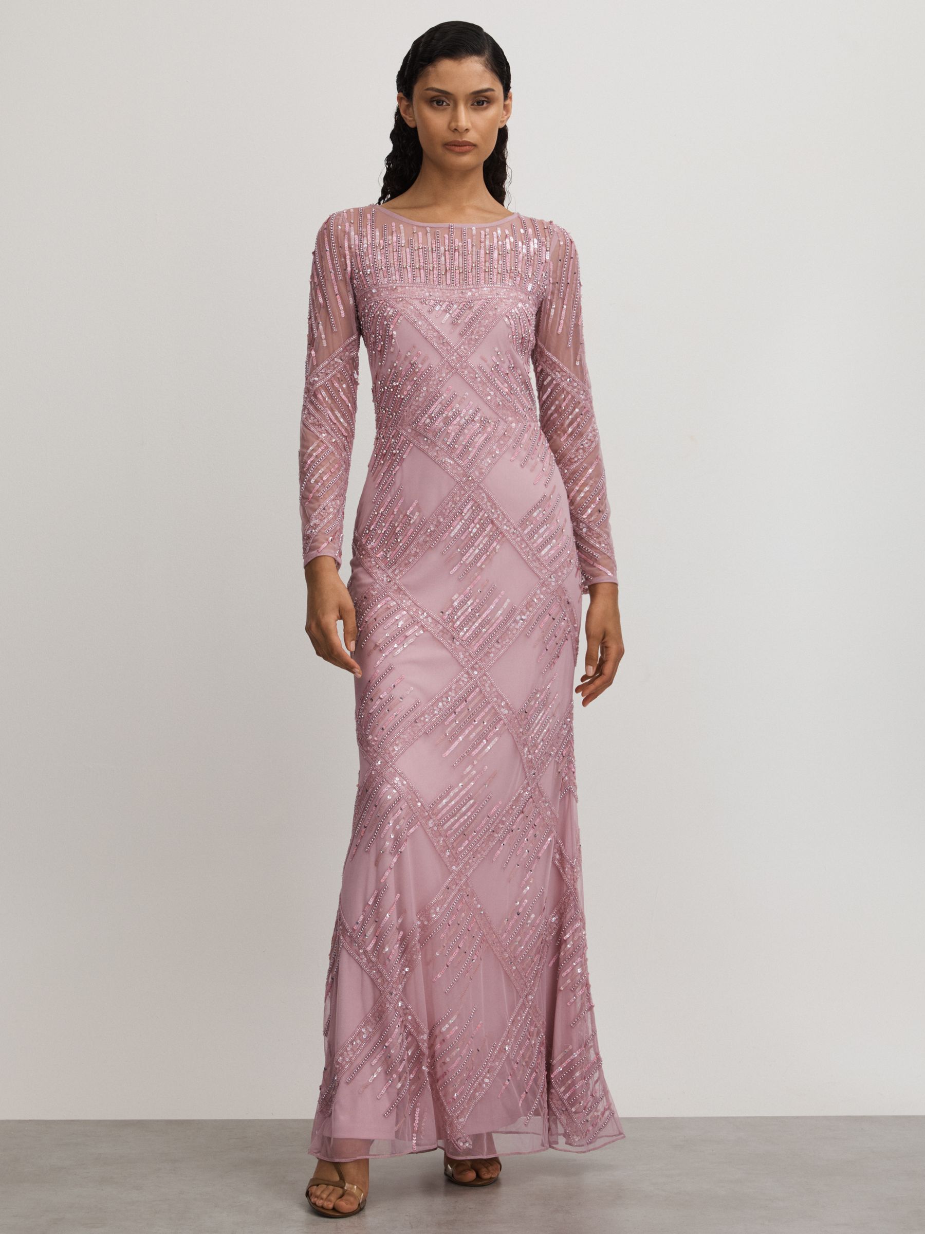 Felicity Pink Raishma Pink Embellished Mesh Sheer Sleeve Maxi Dress