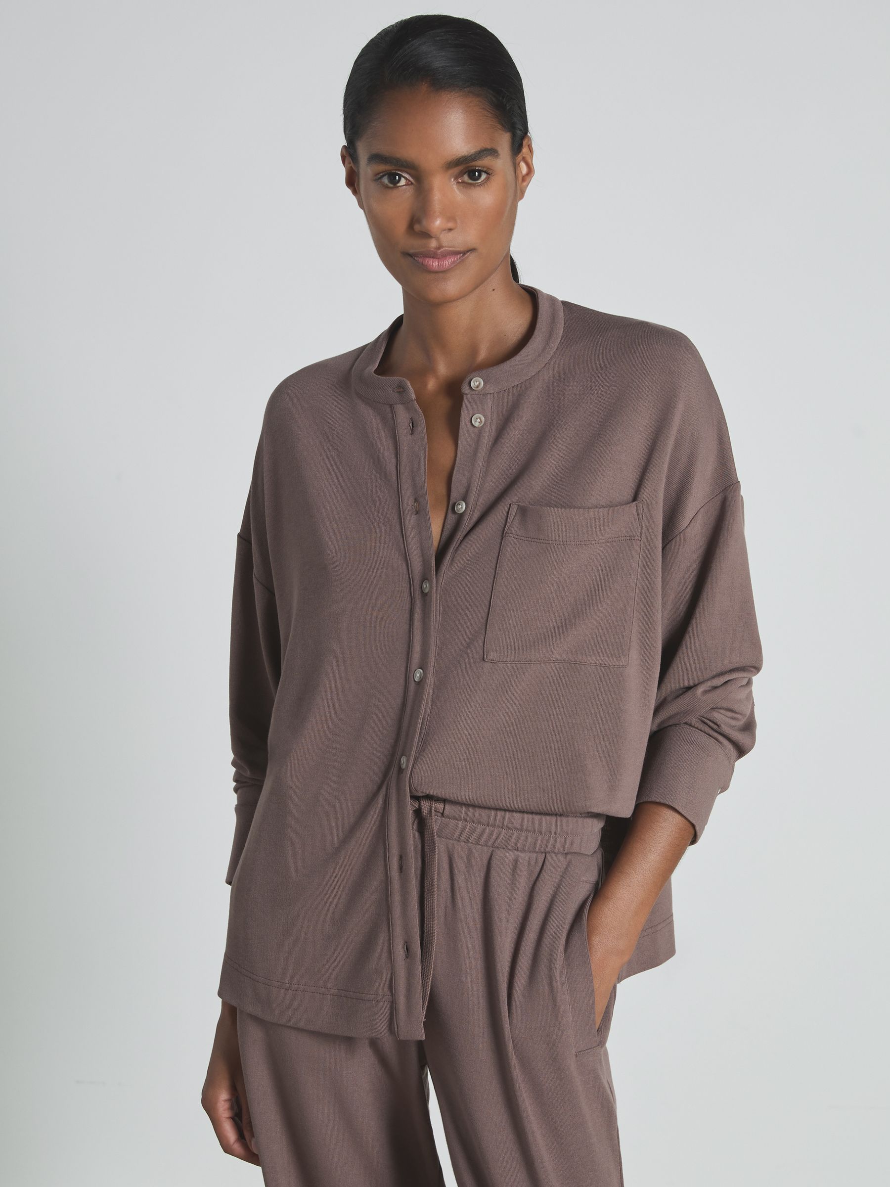 Thermal Jersey Grandad-Collar Shirt in Dark Mink