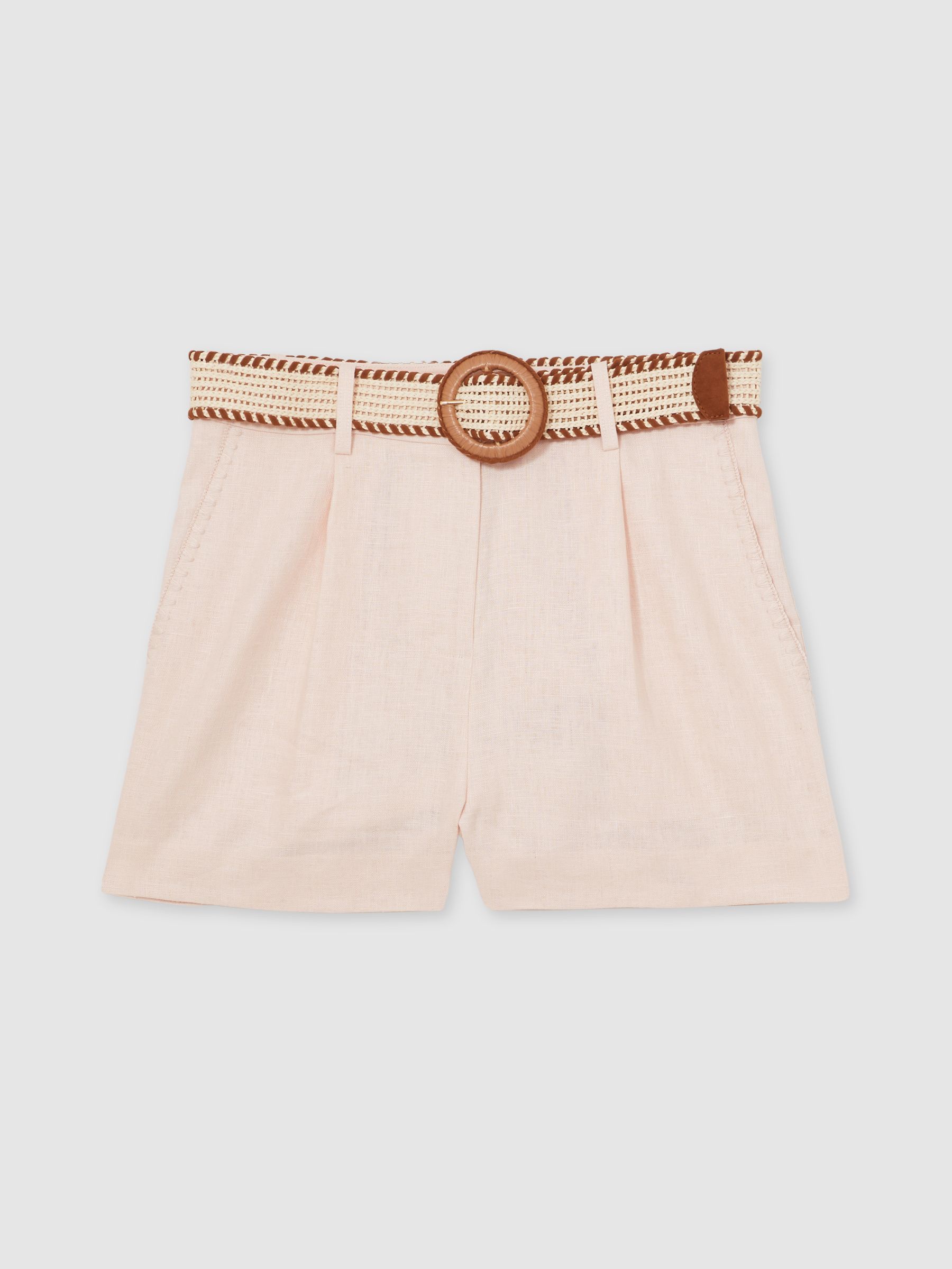 Linen Pleat-Front Belted Shorts in Pink