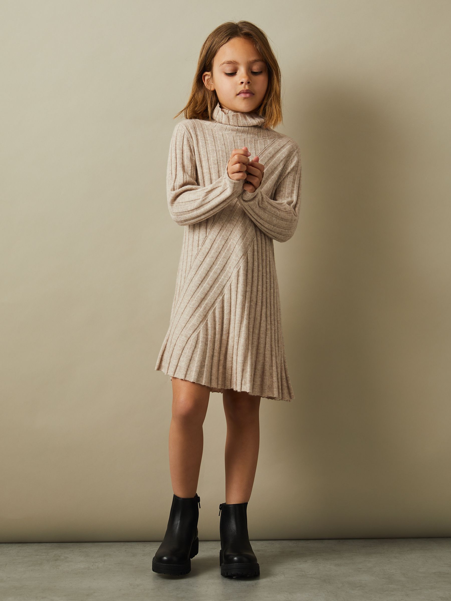 4-9 yrs Knitted Roll Neck Dress in Oatmeal