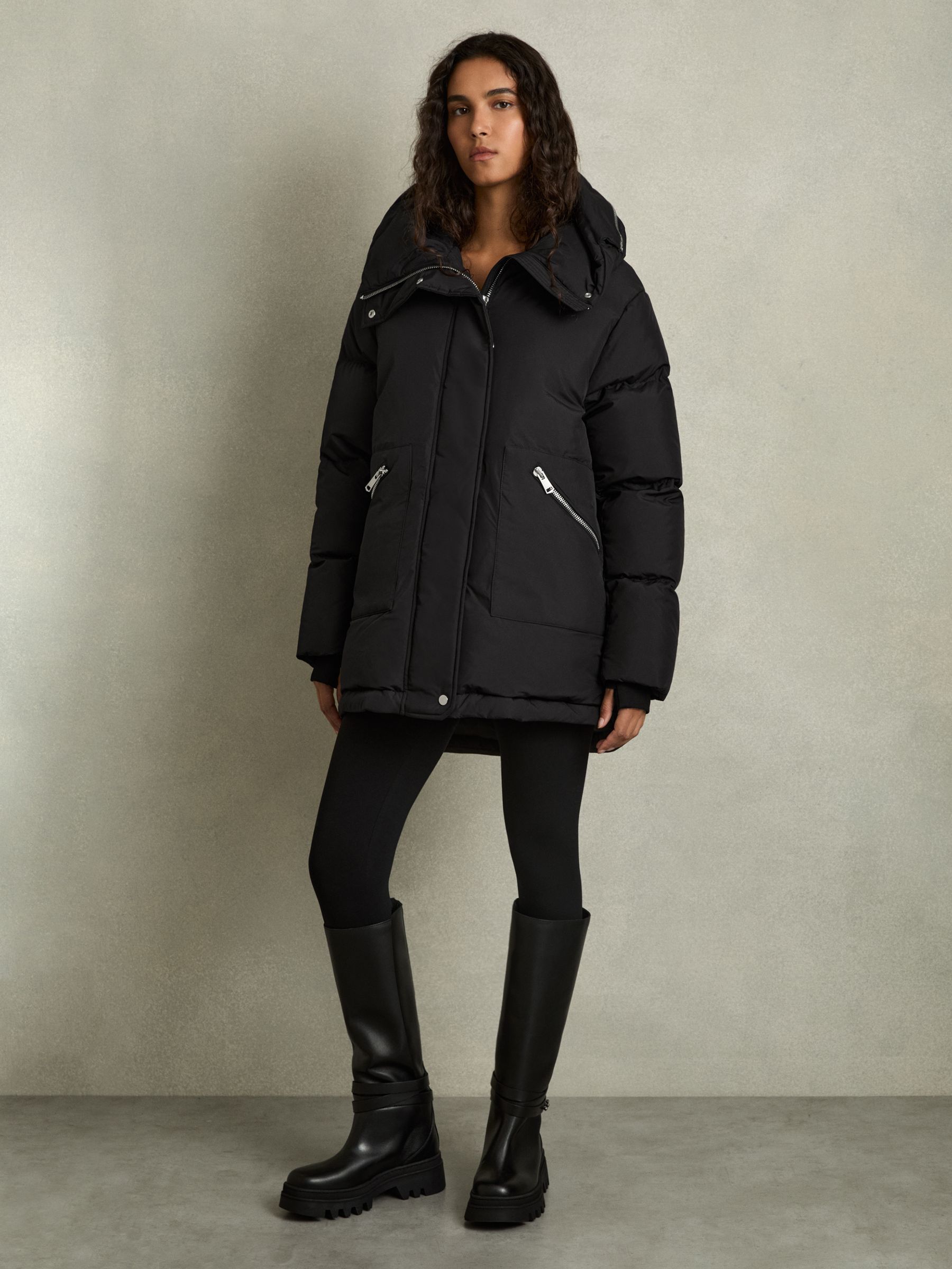 Petite Concealed-Hood Puffer Coat in Black