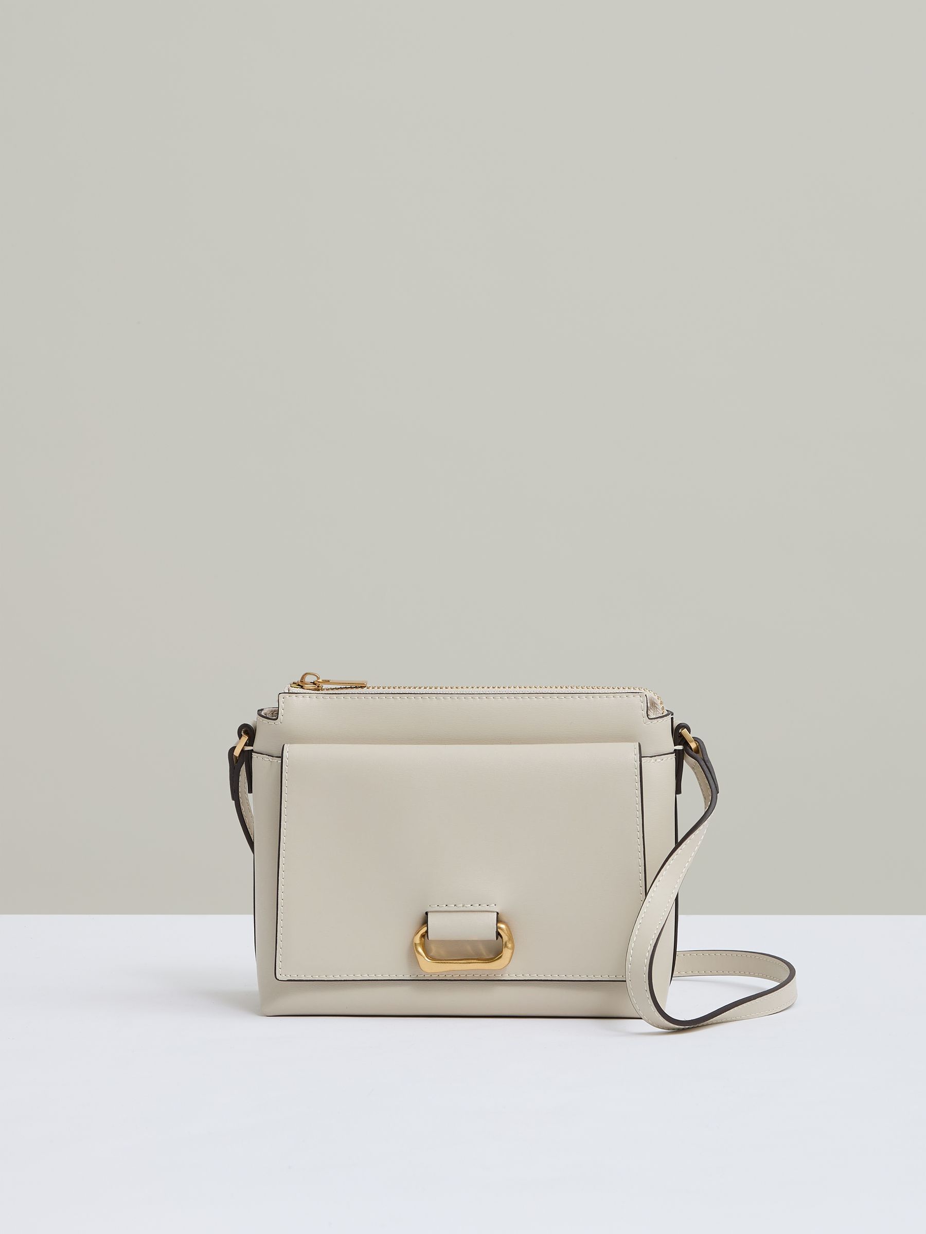 Leather Sculpted-Hardware Cross-Body Bag in Off White