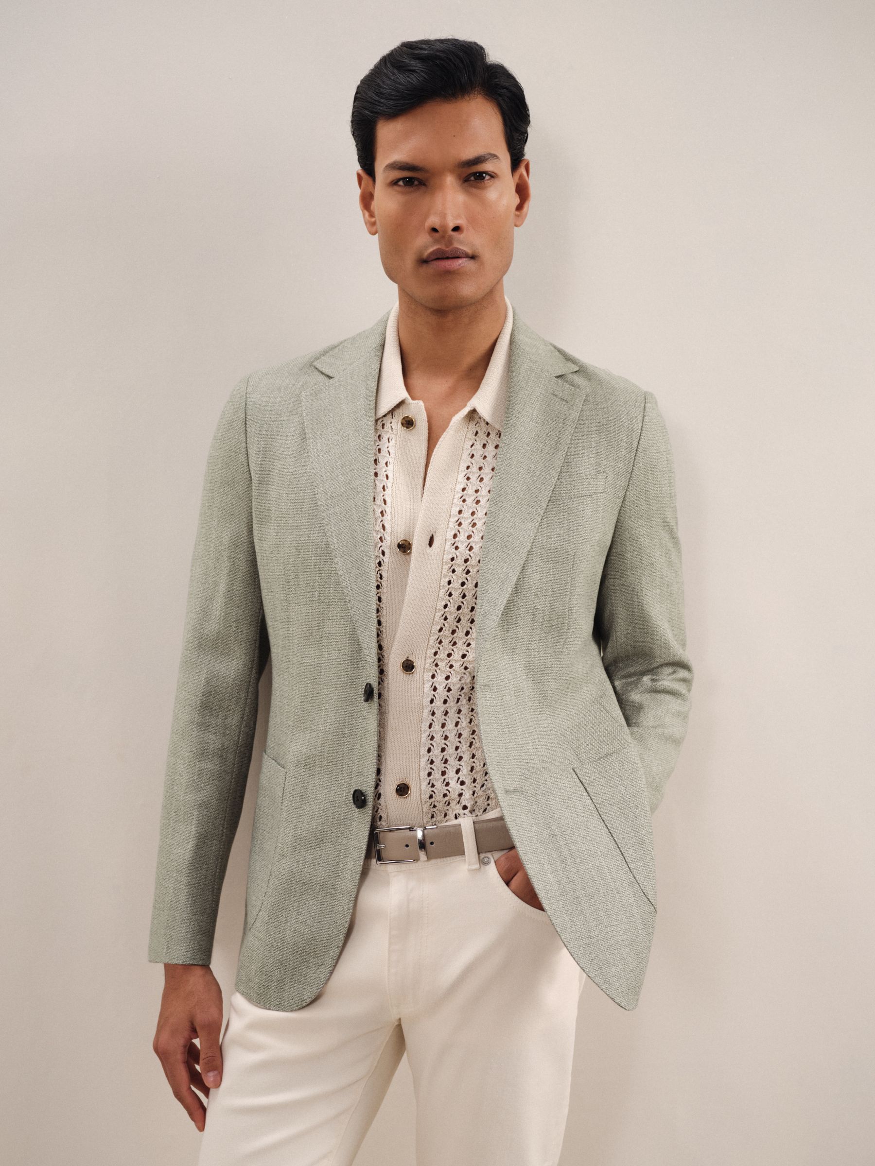 Slim-Fit Single-Breasted Wool-Blend Textured Blazer in Sage Green