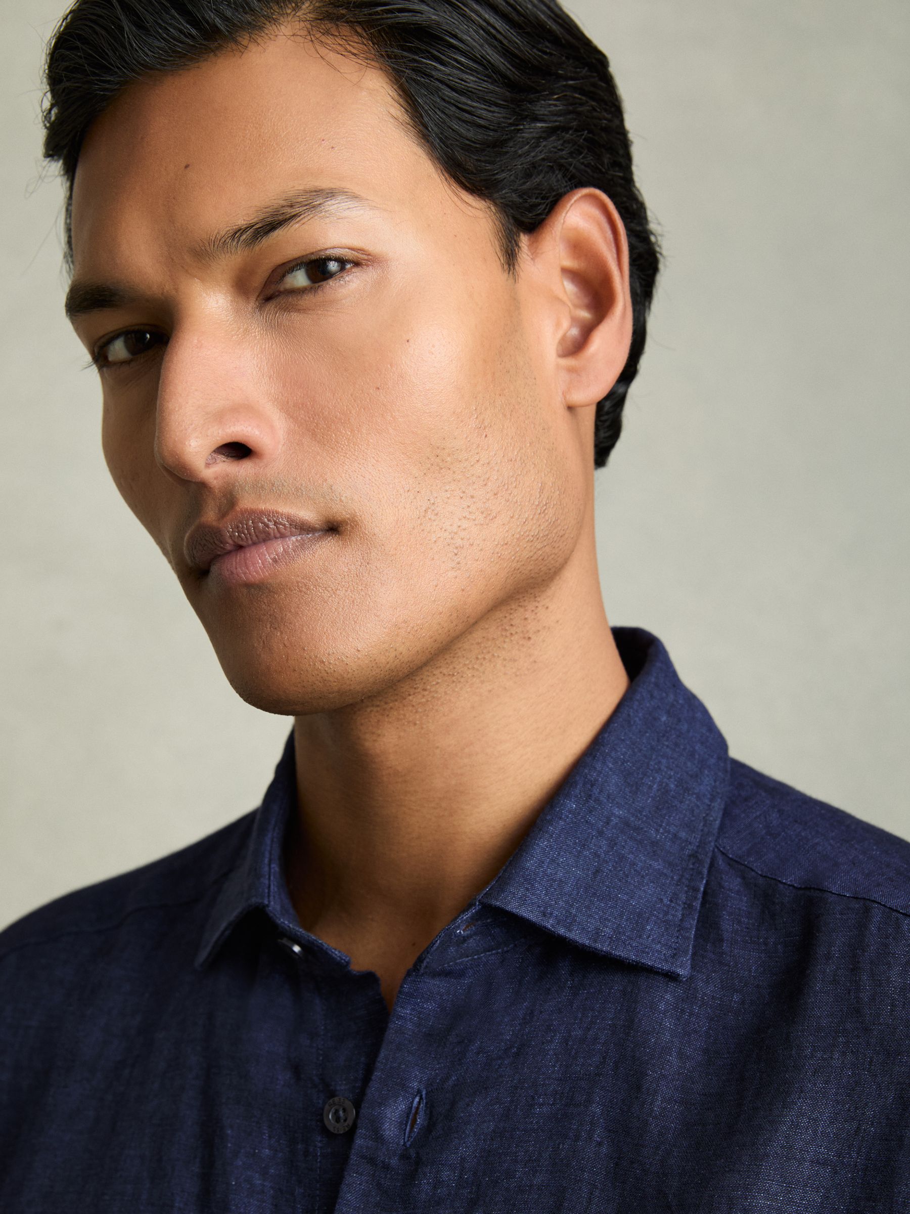 Slim Fit Linen Button-Through Shirt in Navy