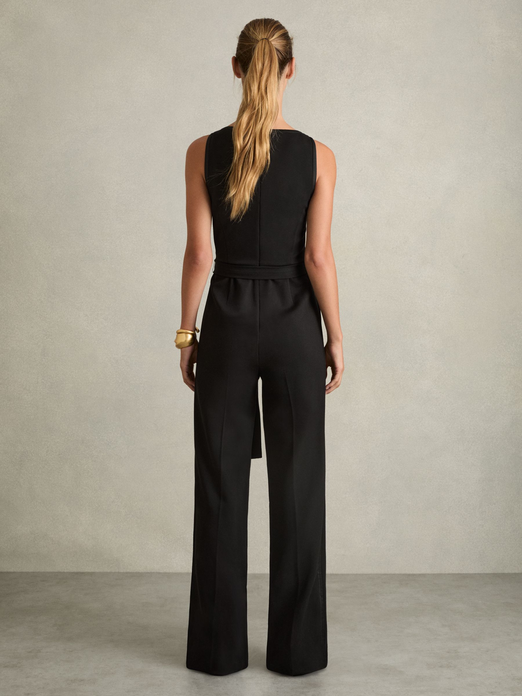 Wide-Leg Sleeveless Jumpsuit With Curved Neckline in Black