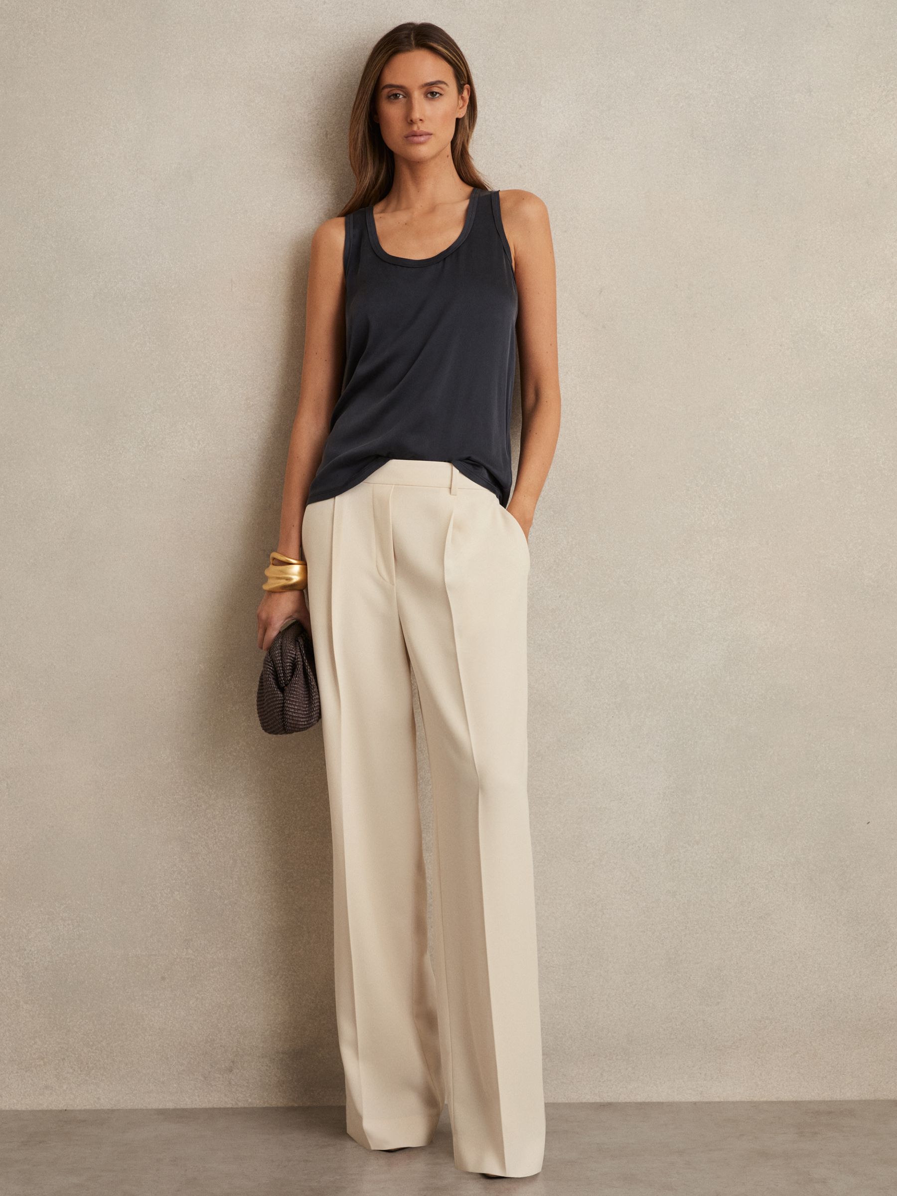 Elasticated-Waist Wide-Leg Twill Trousers in Cream