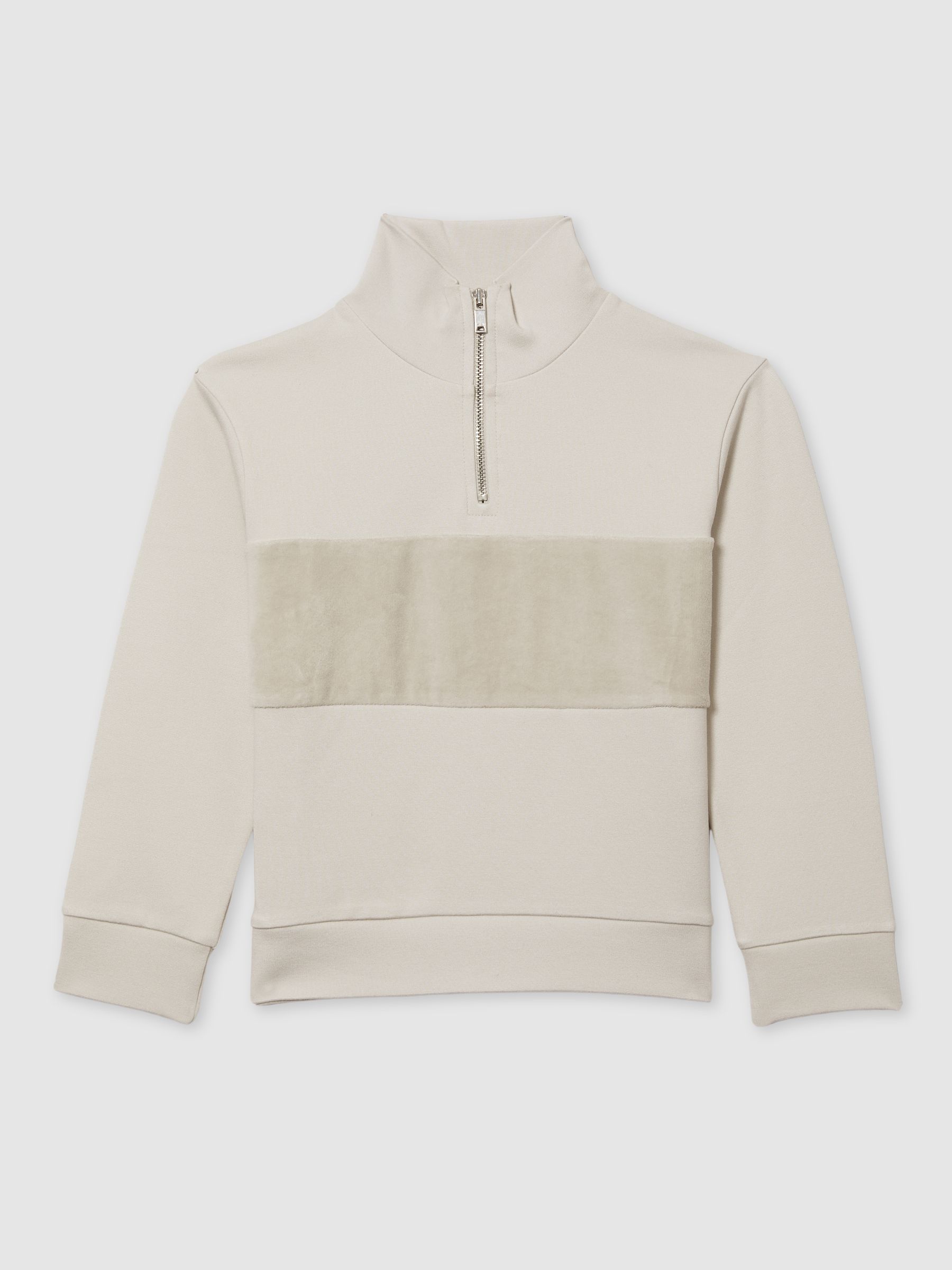9-13 yrs Slim Fit Half-Zip Funnel Neck Velour Sweatshirt in Taupe